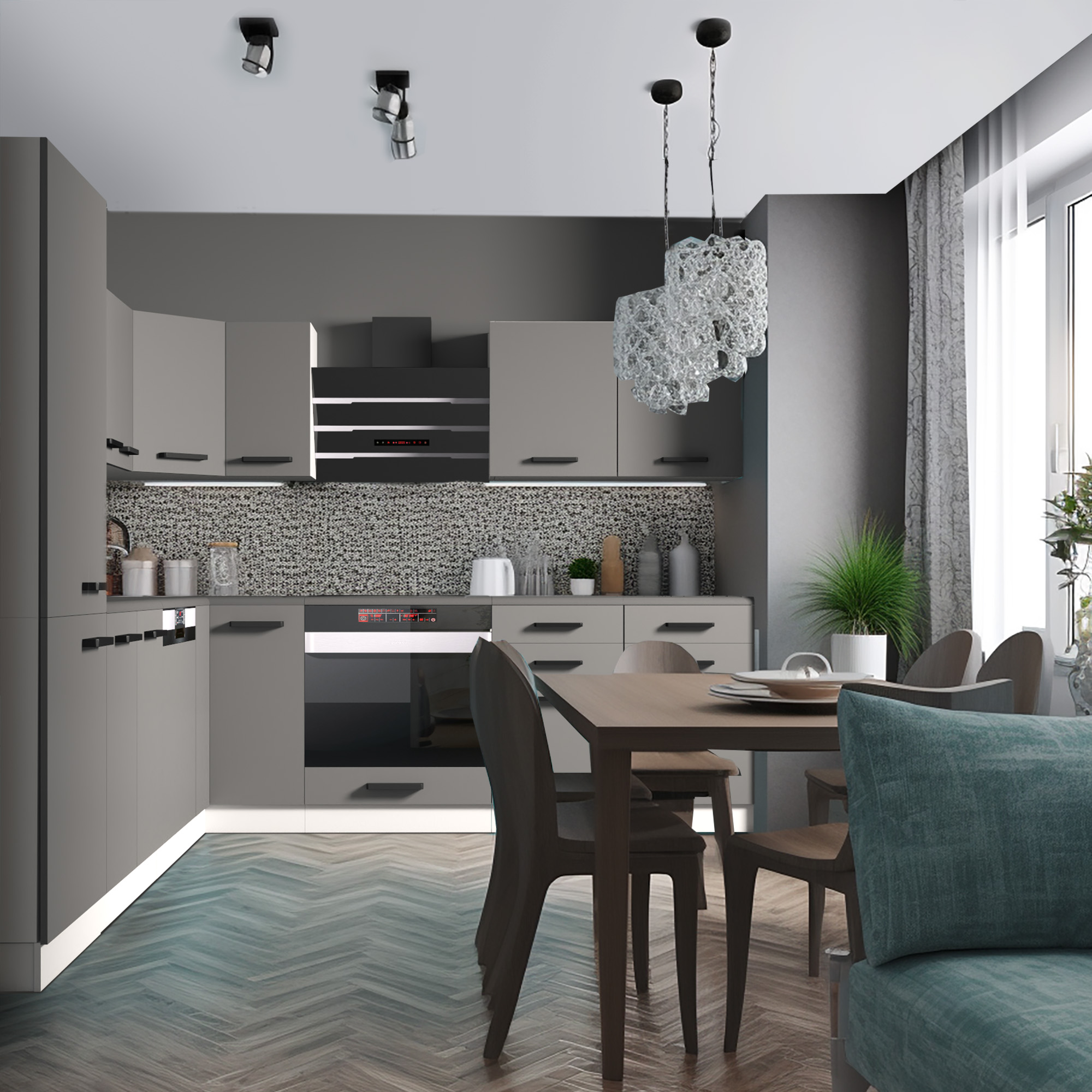 Graue Küchenfronten mit Holztisch und hellem Backsplash