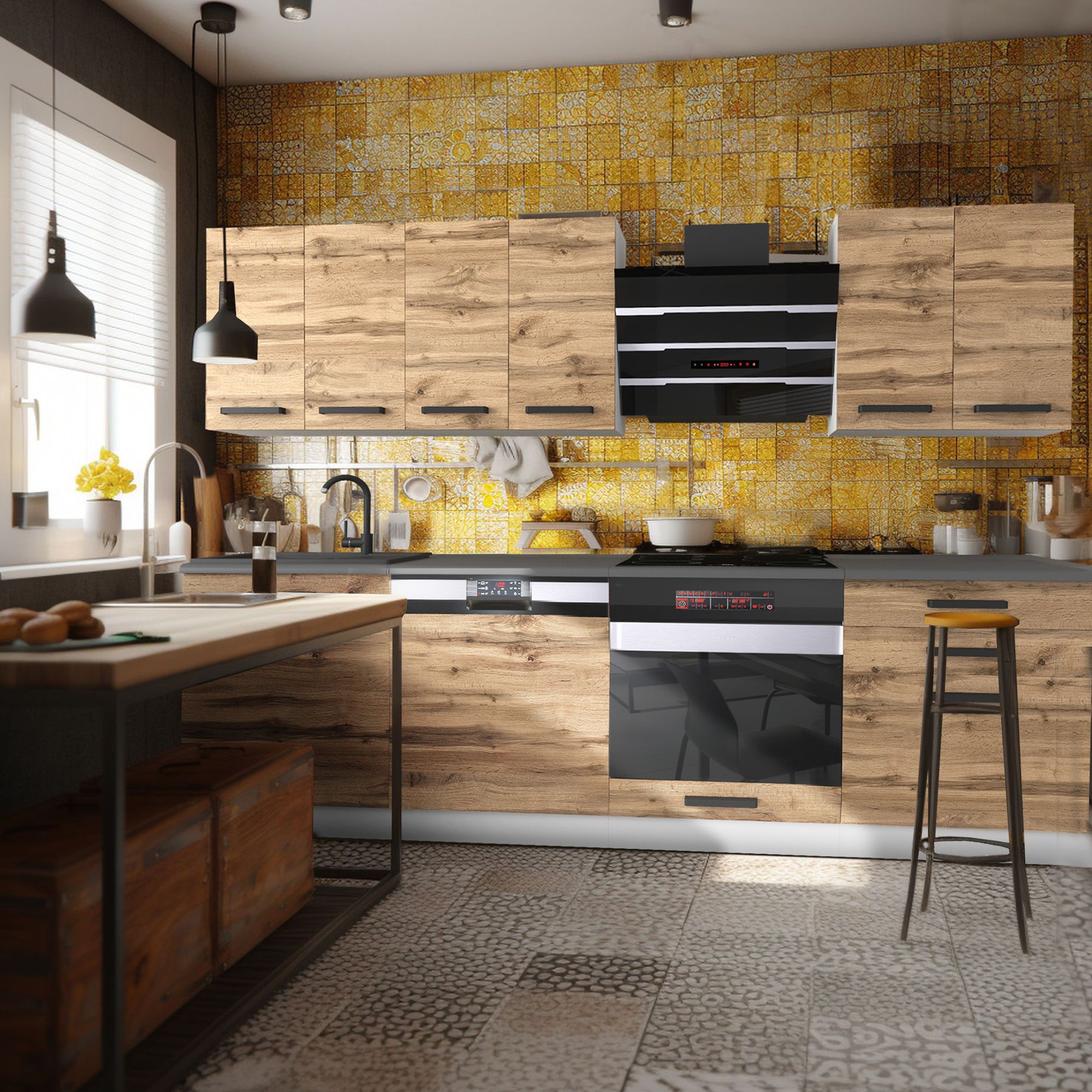 Küche mit Holztönen und goldenen Fliesen