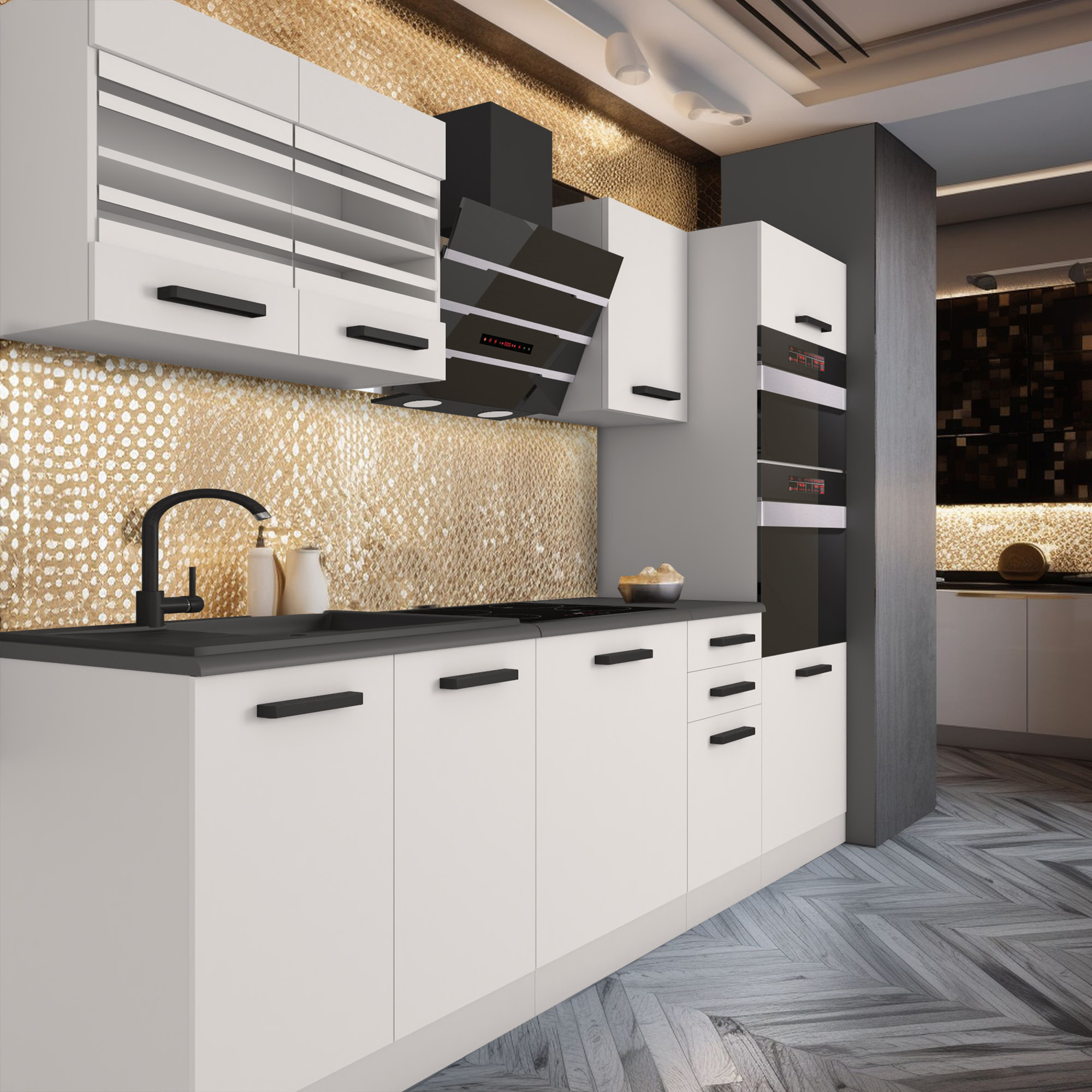 Moderne Küche mit goldener Rückwand und weißen Schränken