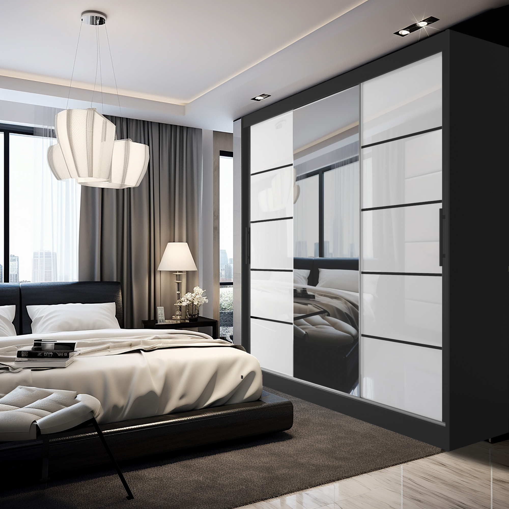 Elegantes Schlafzimmer mit großem Kleiderschrank