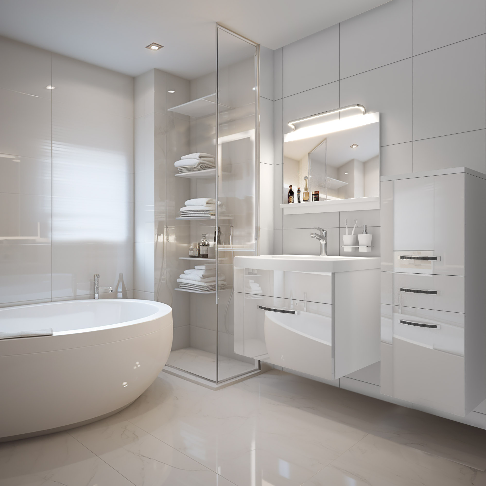 Weißes Badezimmer mit Glasakzenten und Badewanne