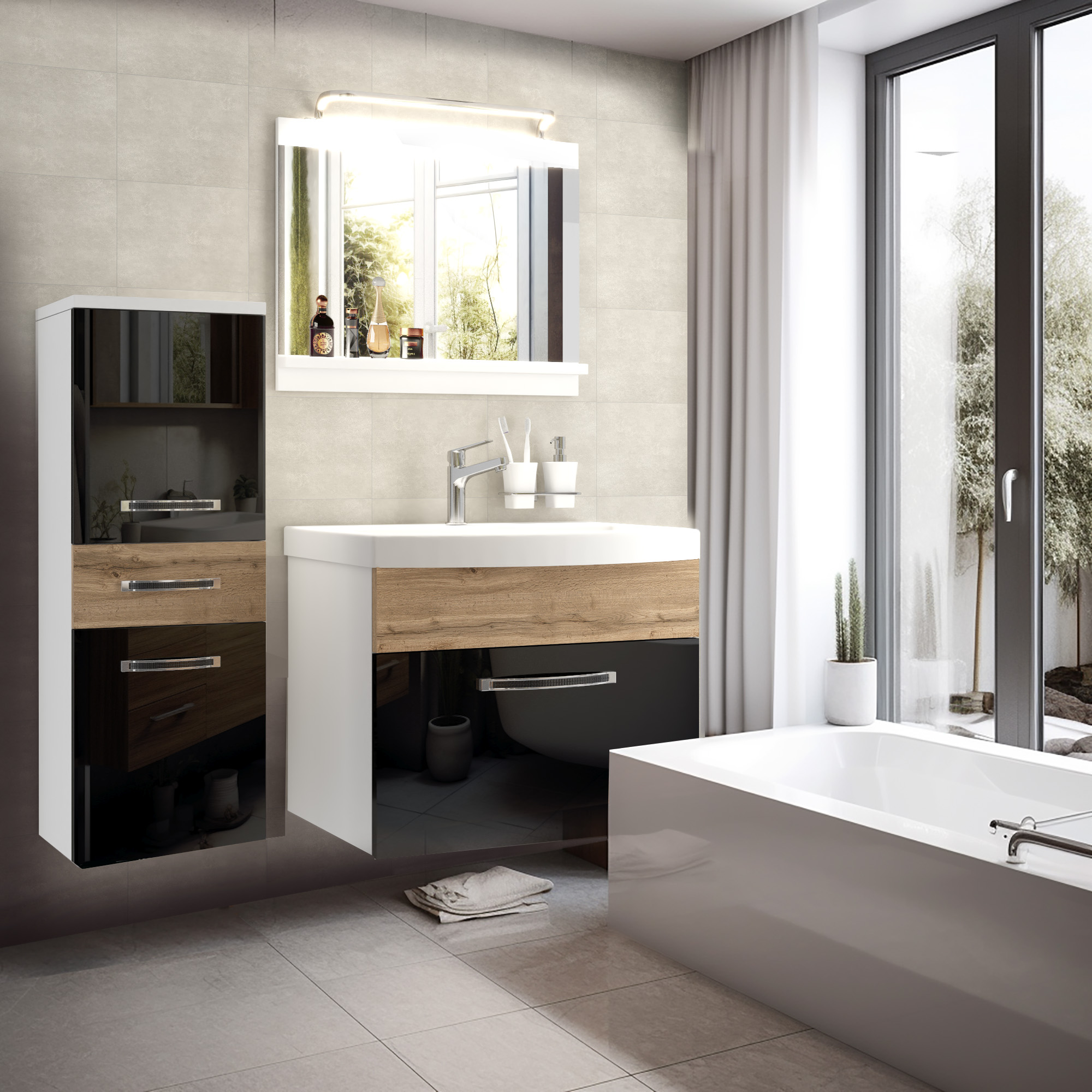 Modernes Badezimmer mit großem Spiegel und Badewanne
