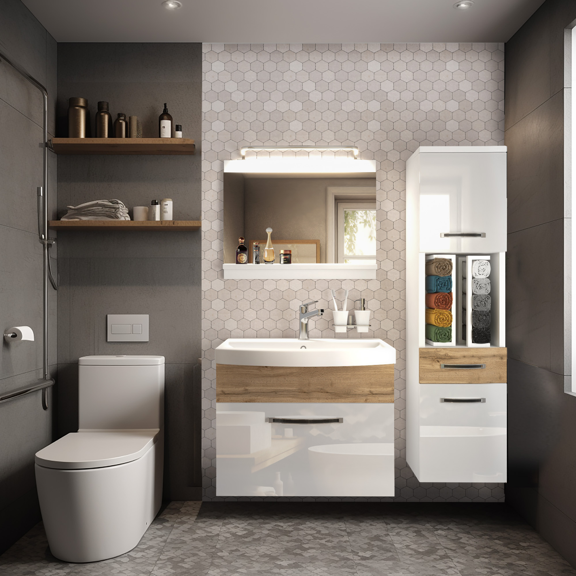 Modernes Badezimmer mit weißen Möbeln und Holzakzenten