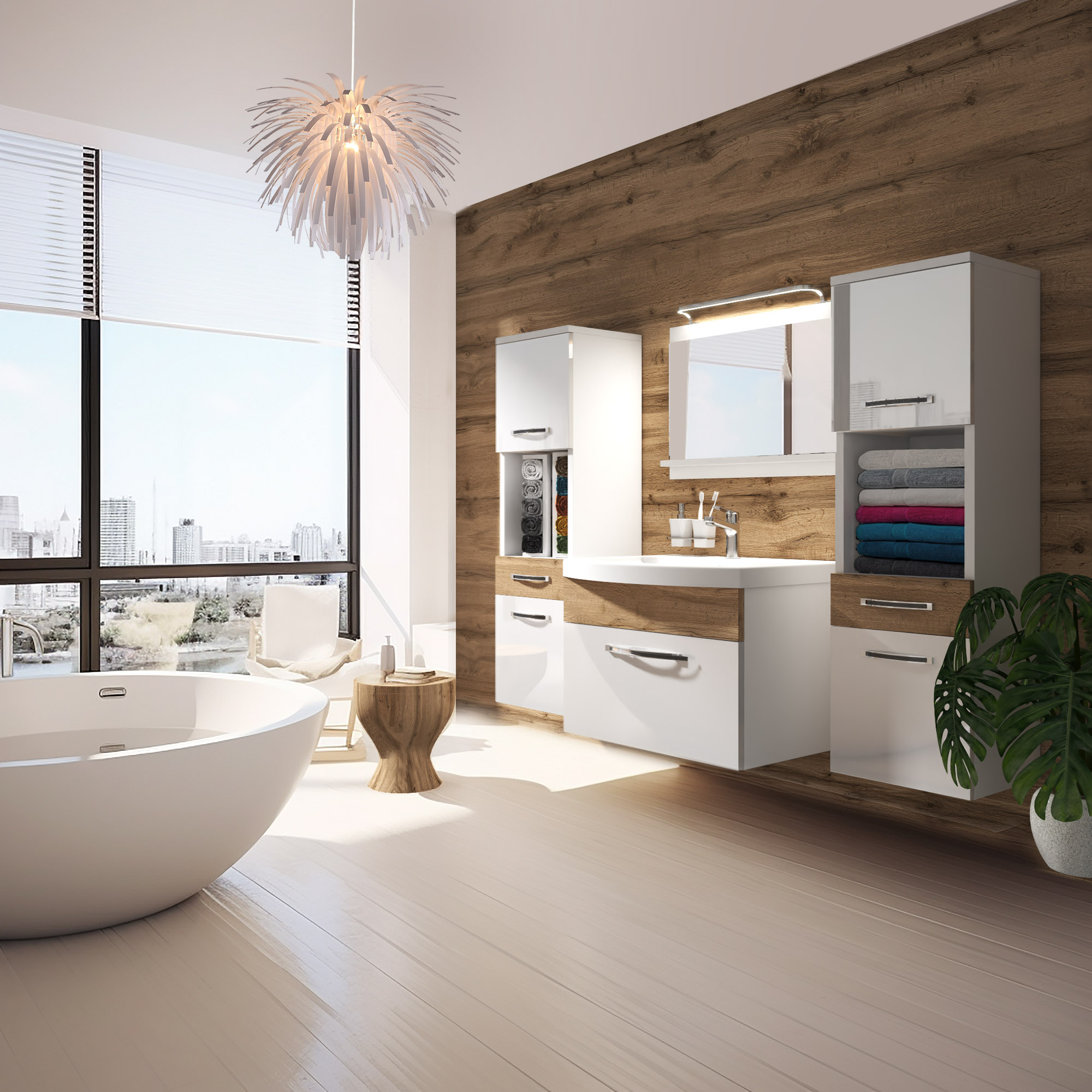 Badezimmer mit freistehender Wanne und Holzdetails