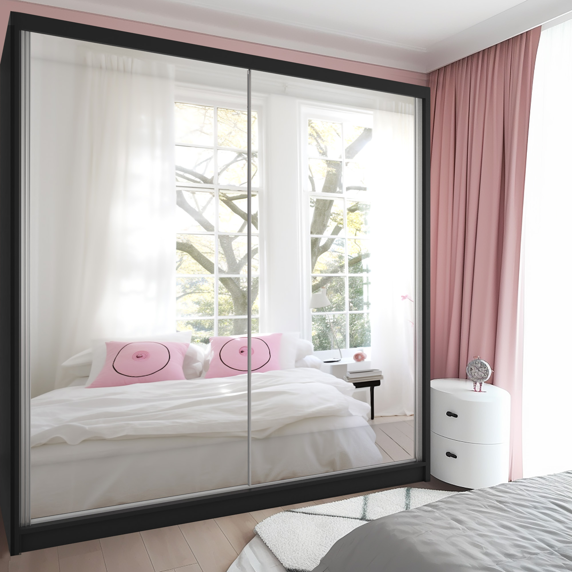 Schlafzimmer mit Pastelltönen und Spiegelschrank