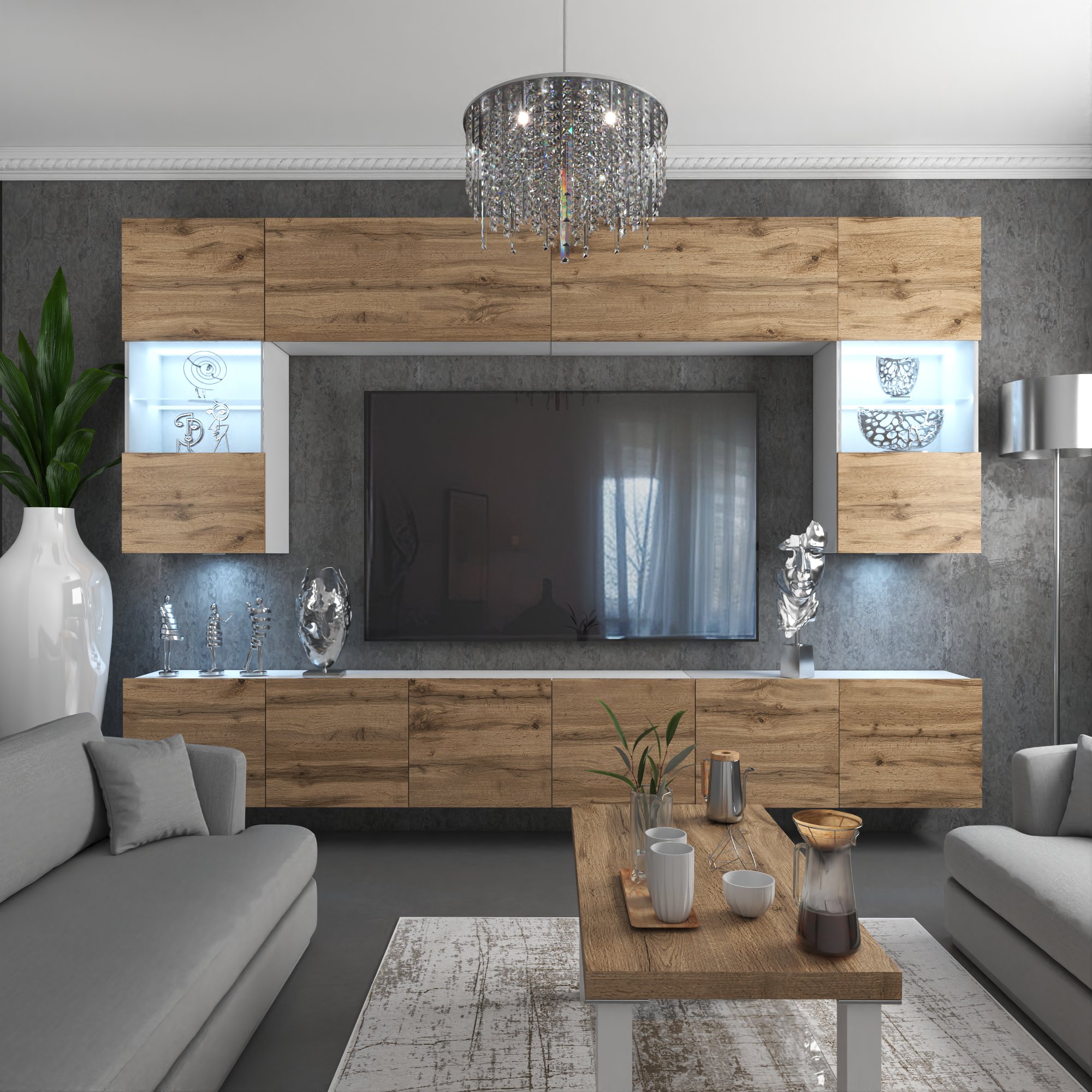 Modernes Wohnzimmer mit Holzschränken und Tisch