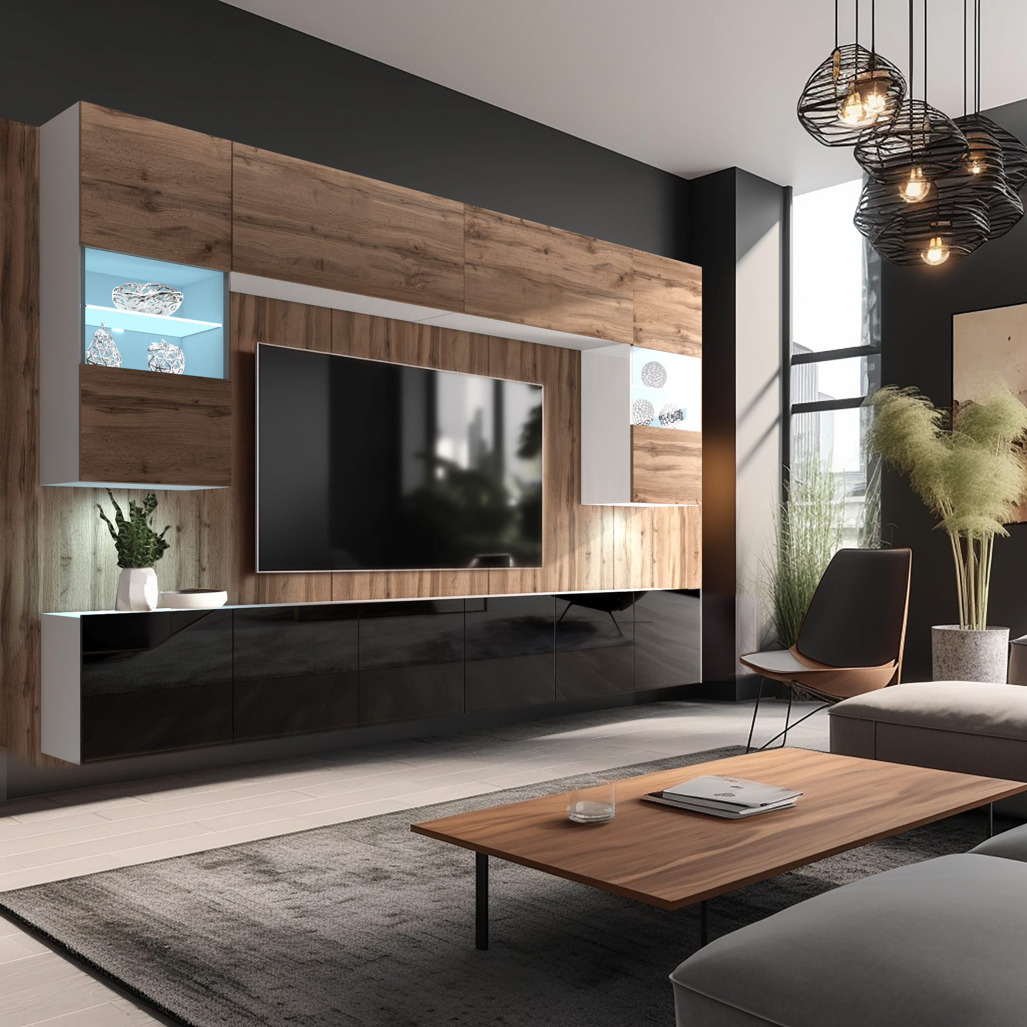 Wohnzimmer mit Holzelementen und modernen Möbeln