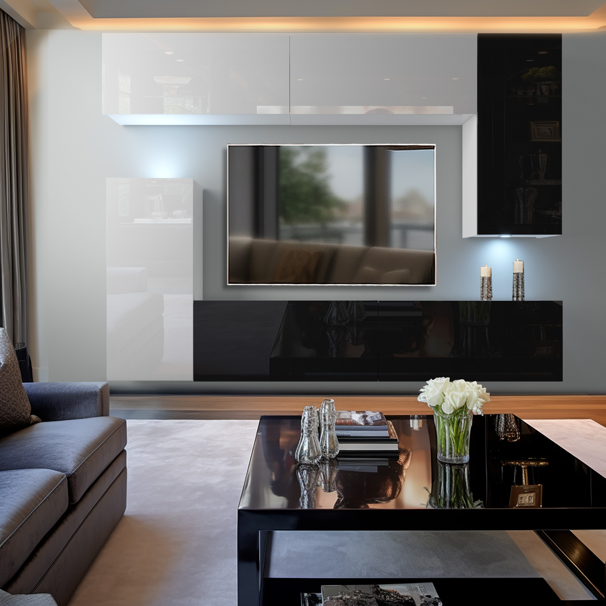 Wohnzimmer mit schwarzen und weißen Möbeln und TV