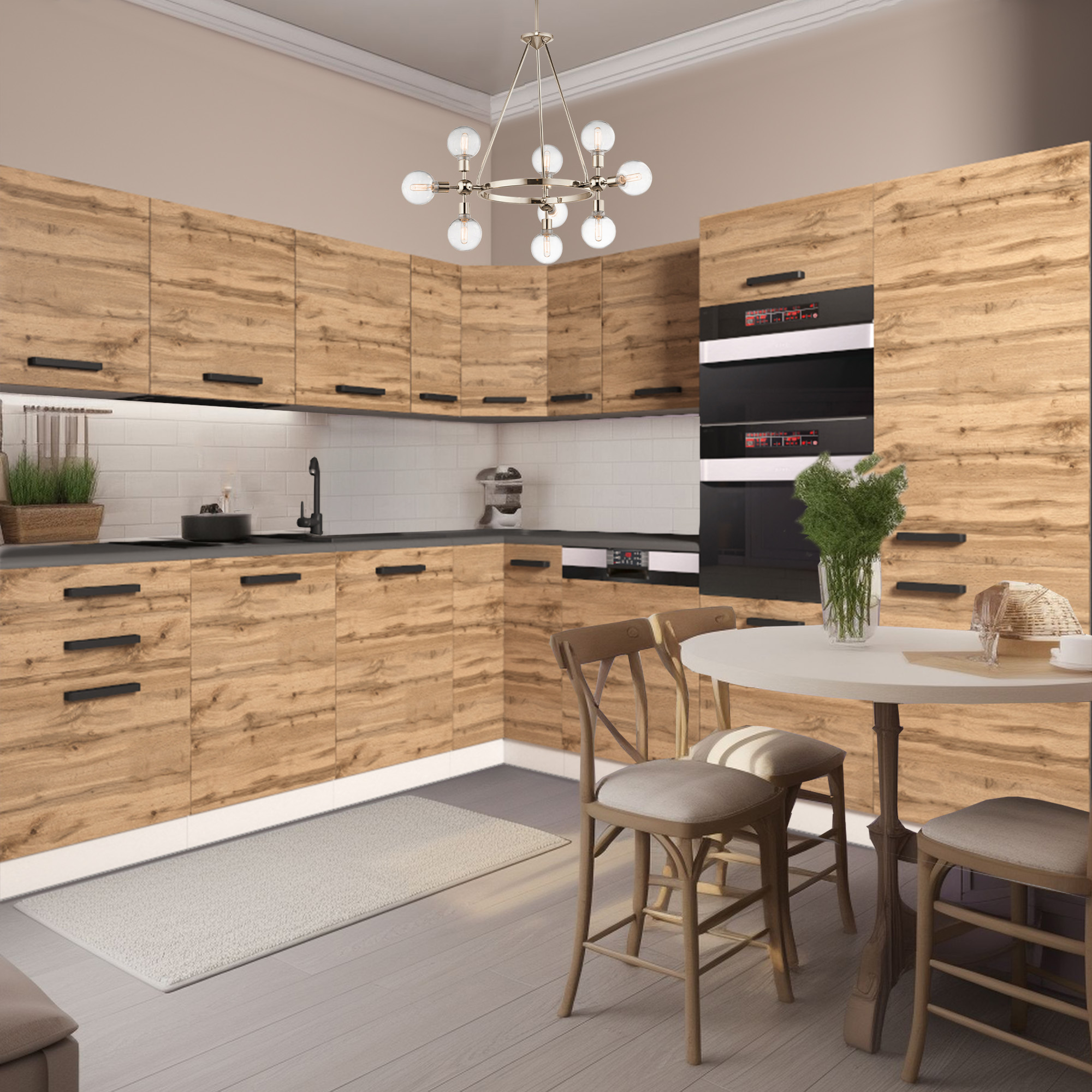 Küchenecke mit holzgemaserten Schränken und Esstisch