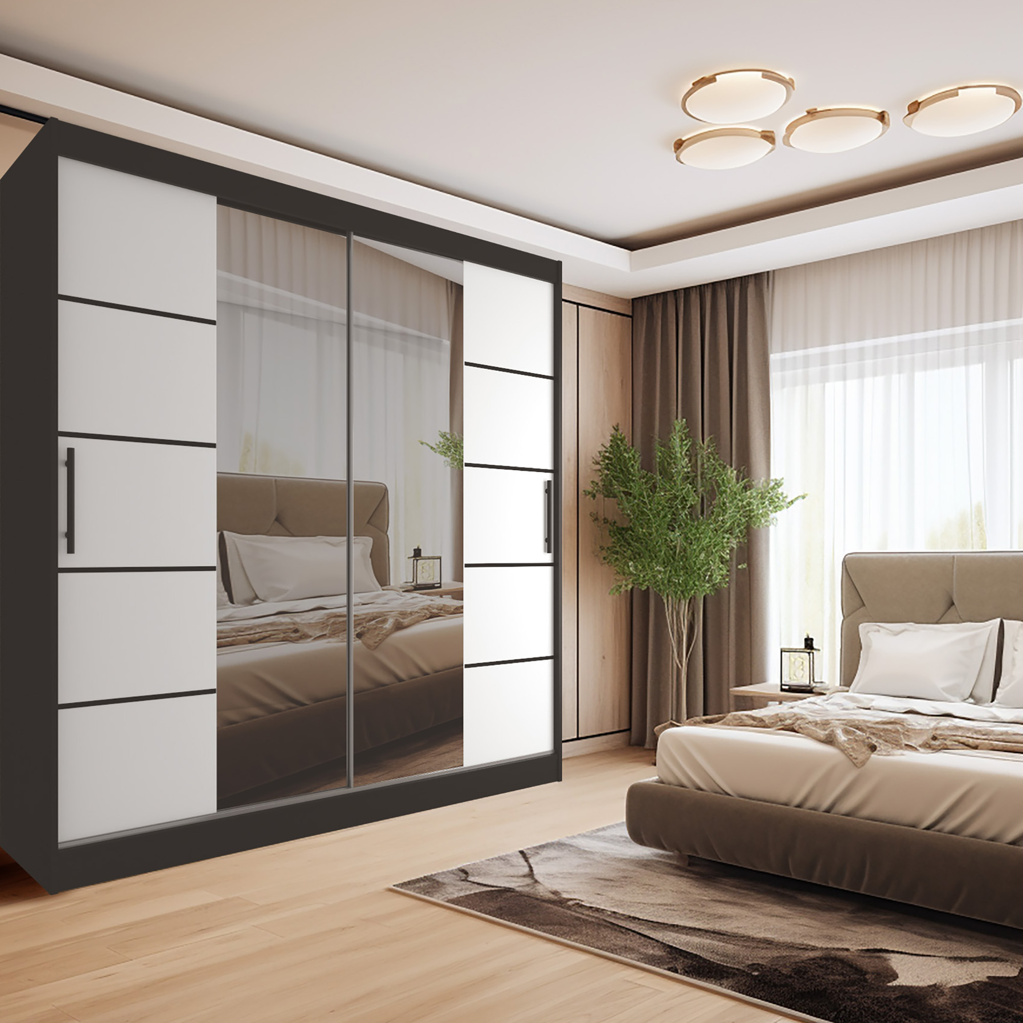 Schlafzimmer mit Spiegelschrank und bodentiefer Fenster