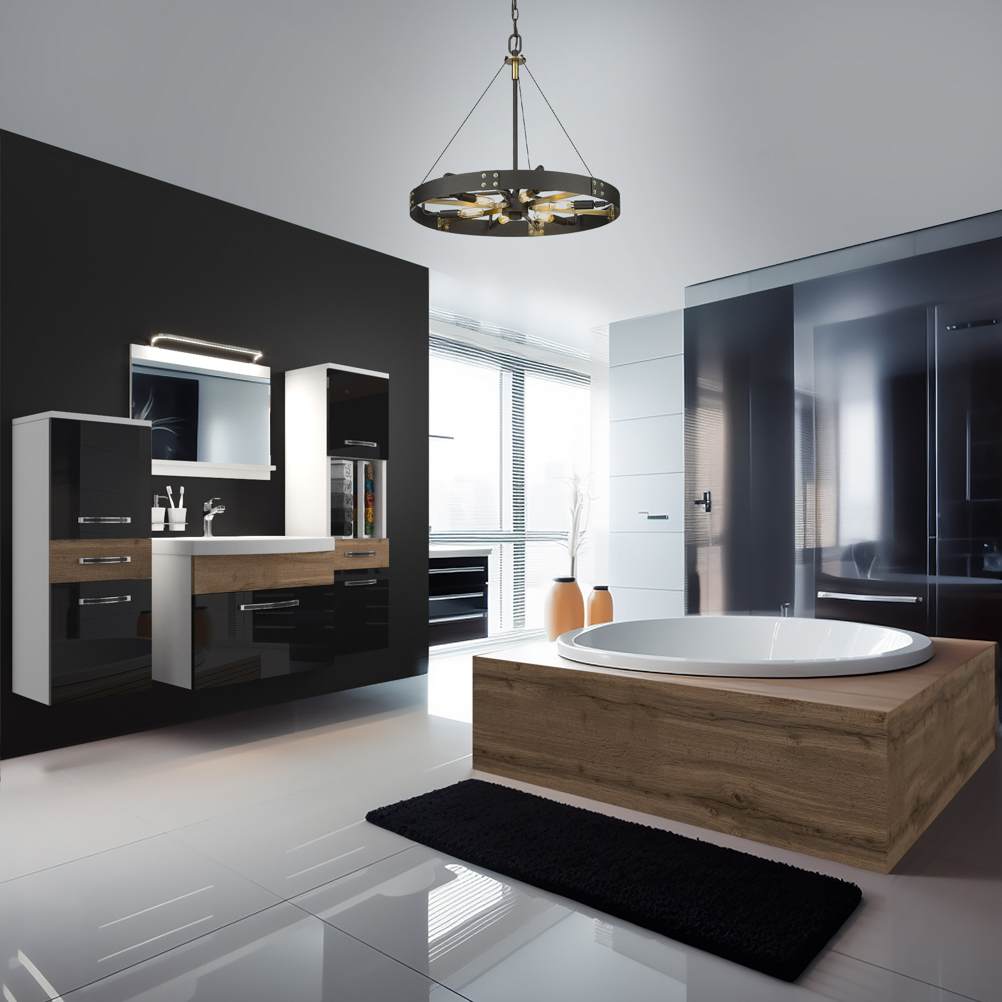 Stilvolles Badezimmer mit schwarzem und holzfarbenem Design.