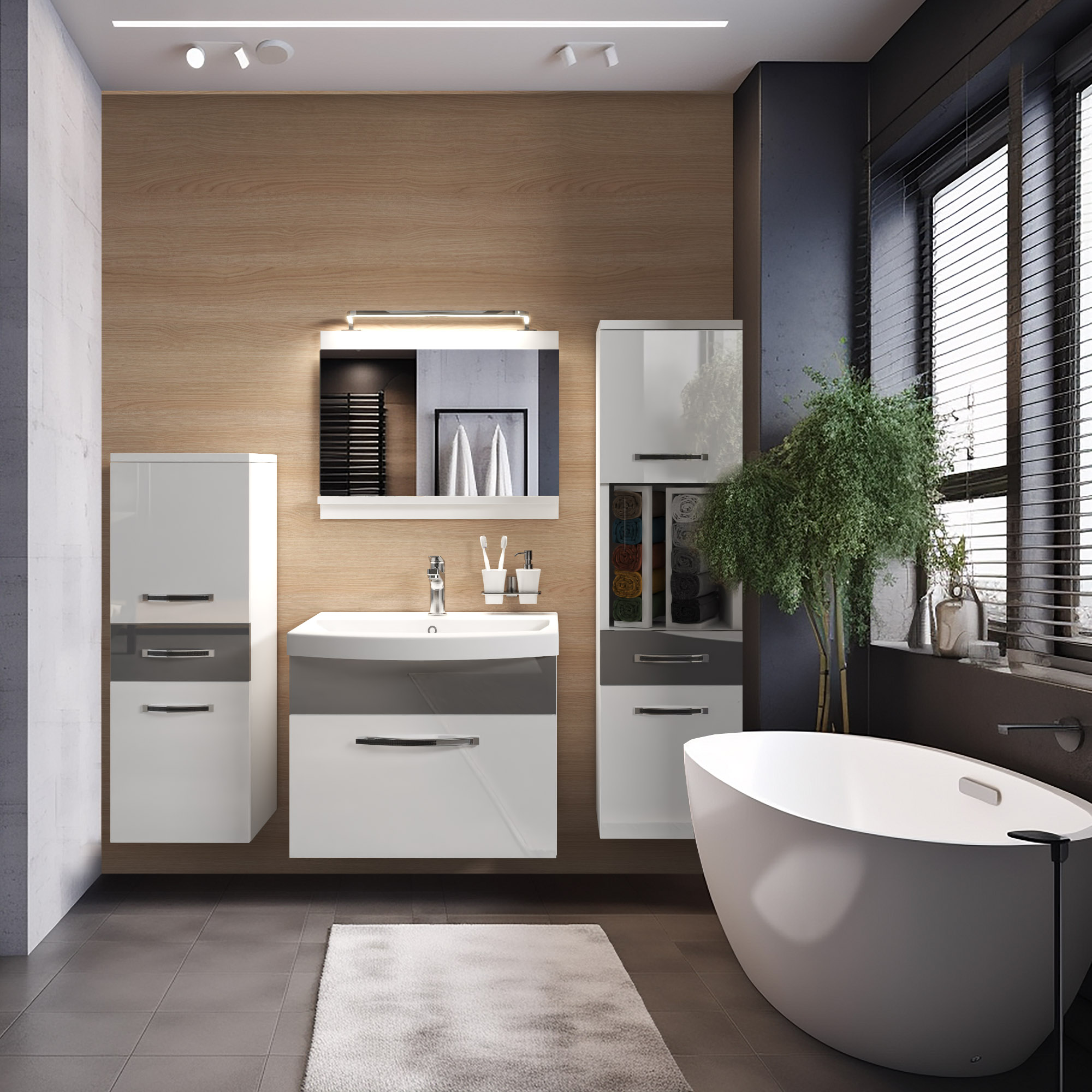 Elegantes Badezimmer mit Holz- und Spiegelelementen