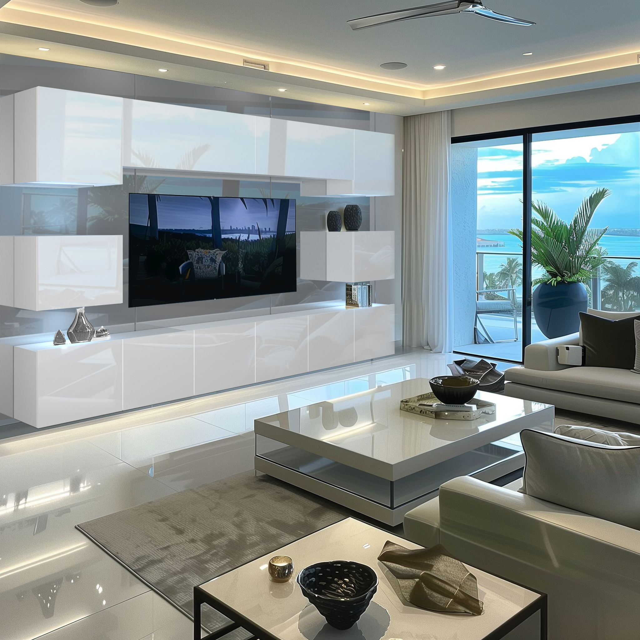 Wohnzimmer mit weißen Möbeln und Meerblick