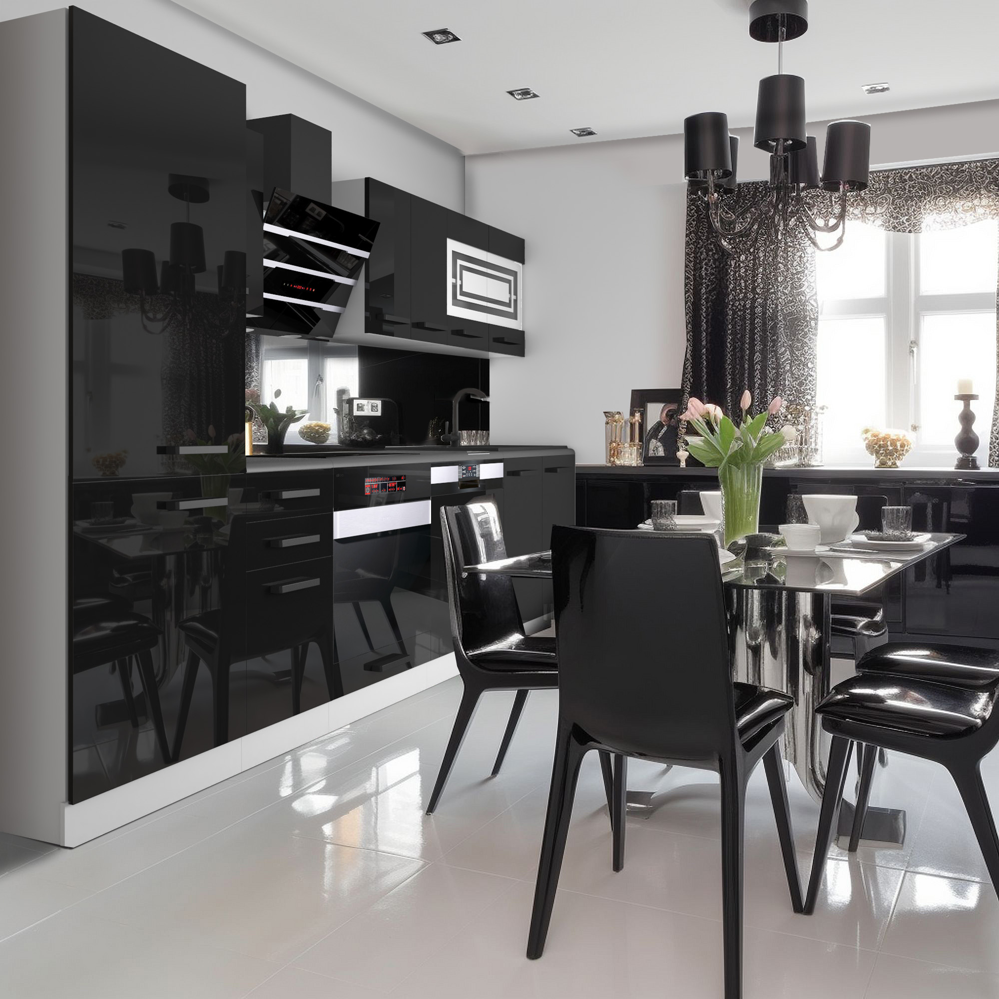Moderne schwarze Küche mit Esstisch und Blumen