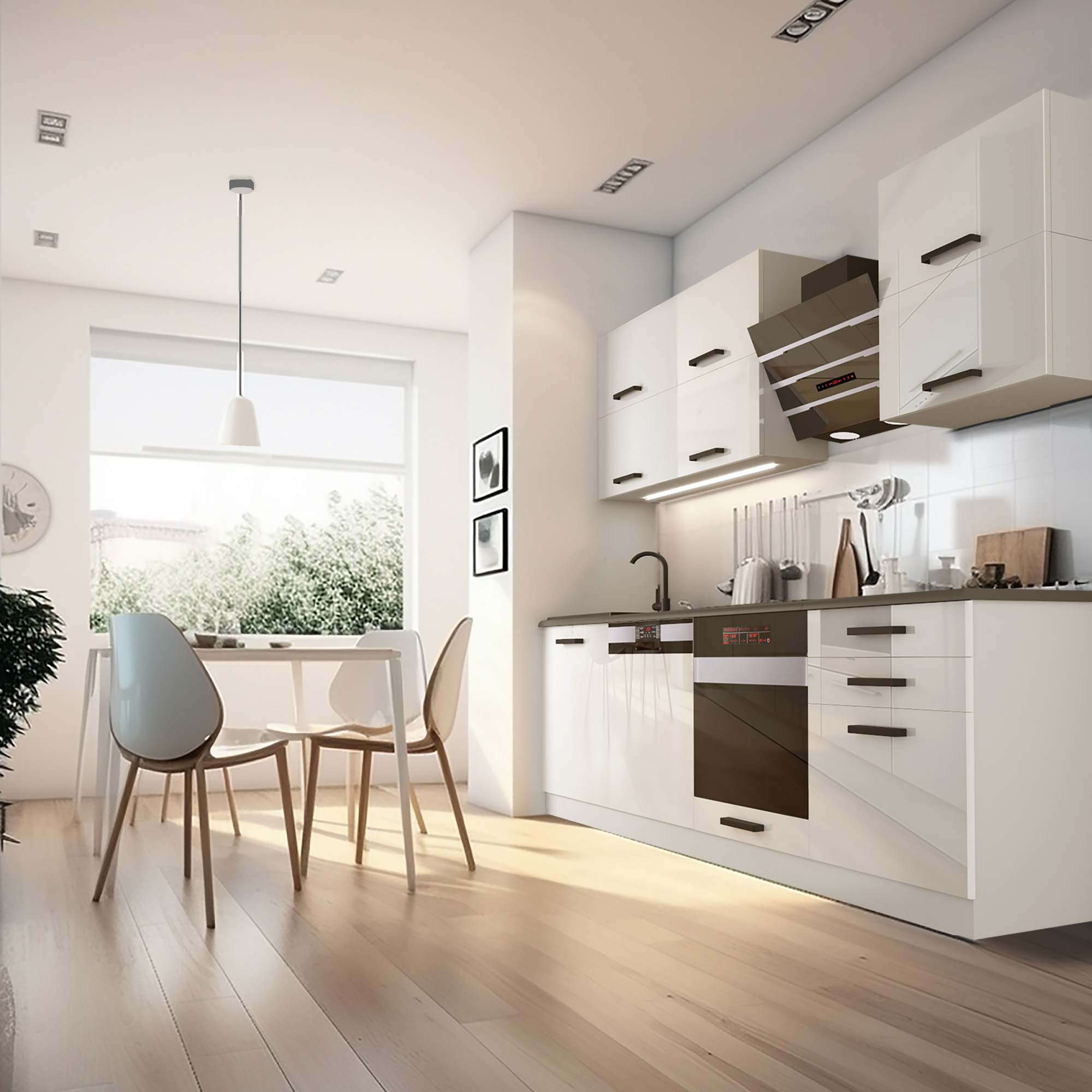 Helle Küche mit weißen Möbeln und Holzdetails