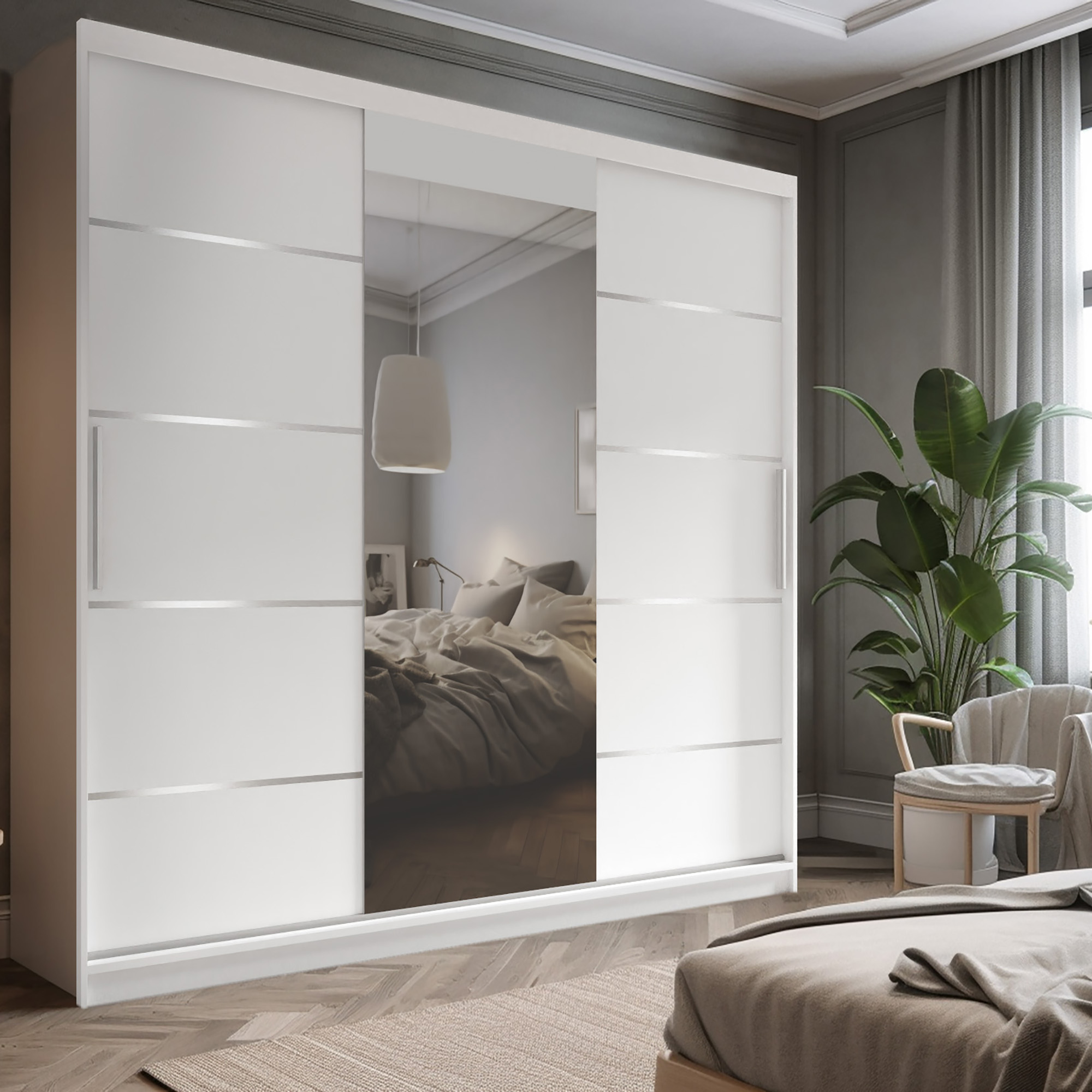 Minimalistisches Schlafzimmer mit weißem Schrank