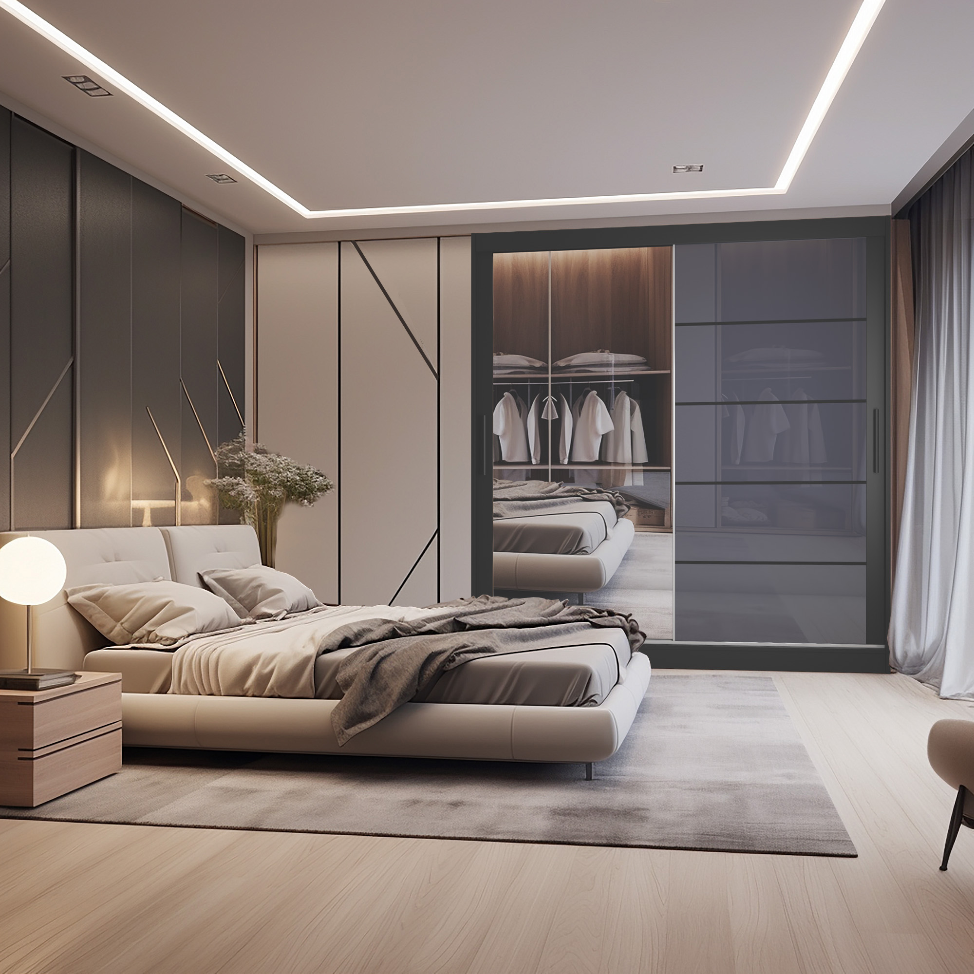 Schlafzimmer mit Spiegel-Kleiderschrank und Bett