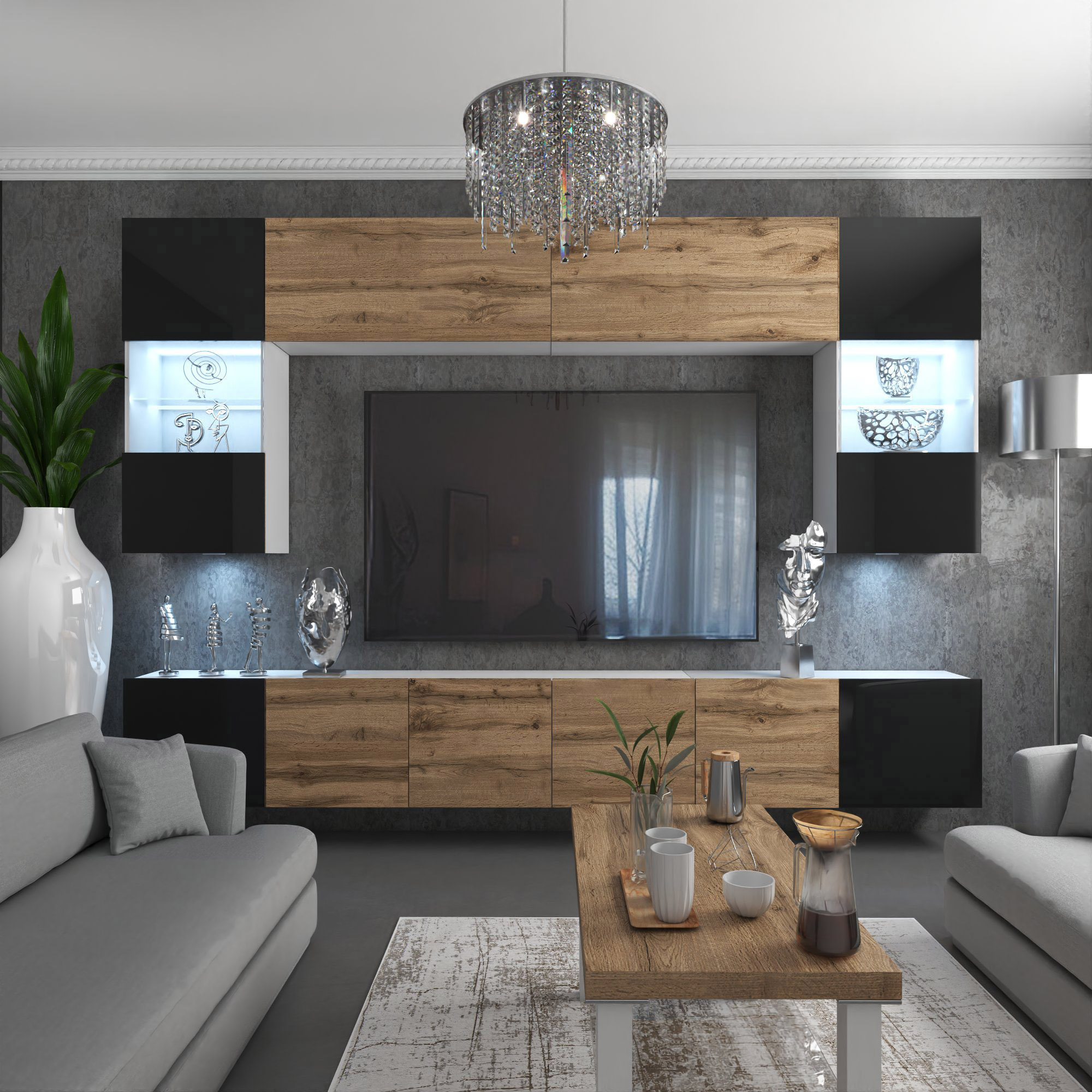 Gemütliches Wohnzimmer mit Holzmöbeln und grauen Akzenten