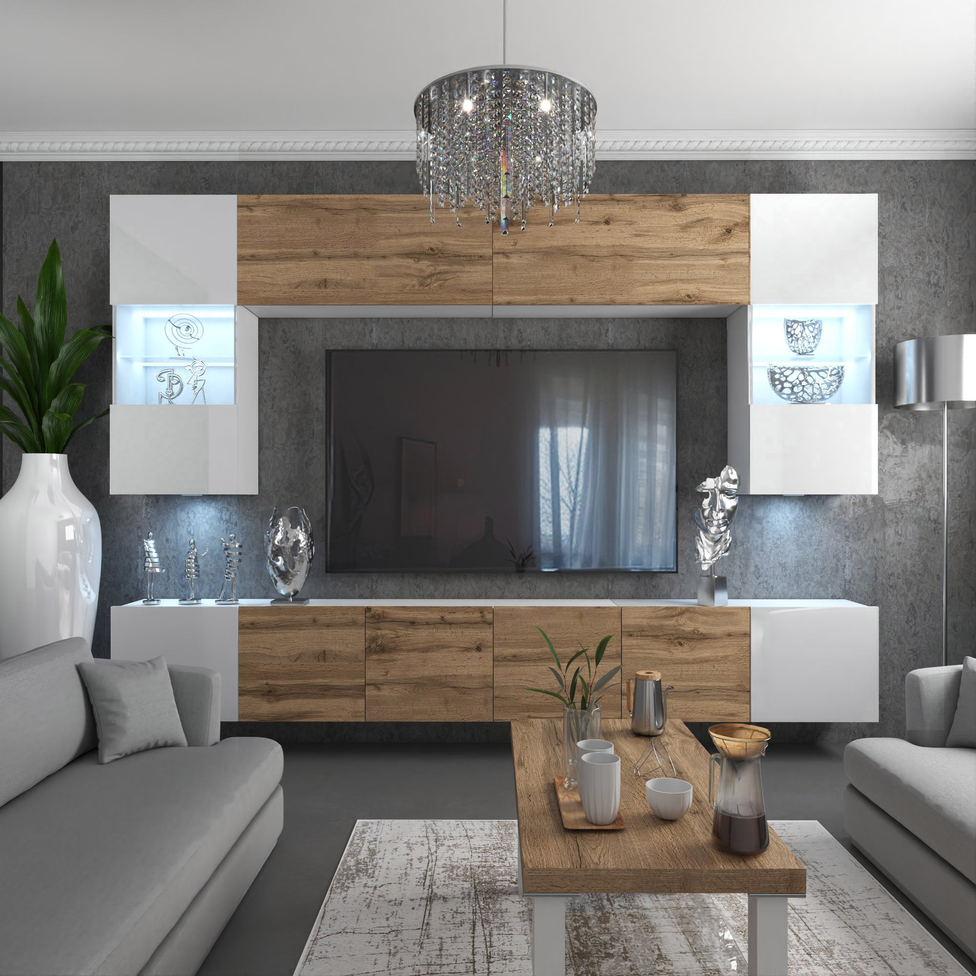 Wohnzimmer mit Holzwand und weißen Akzenten