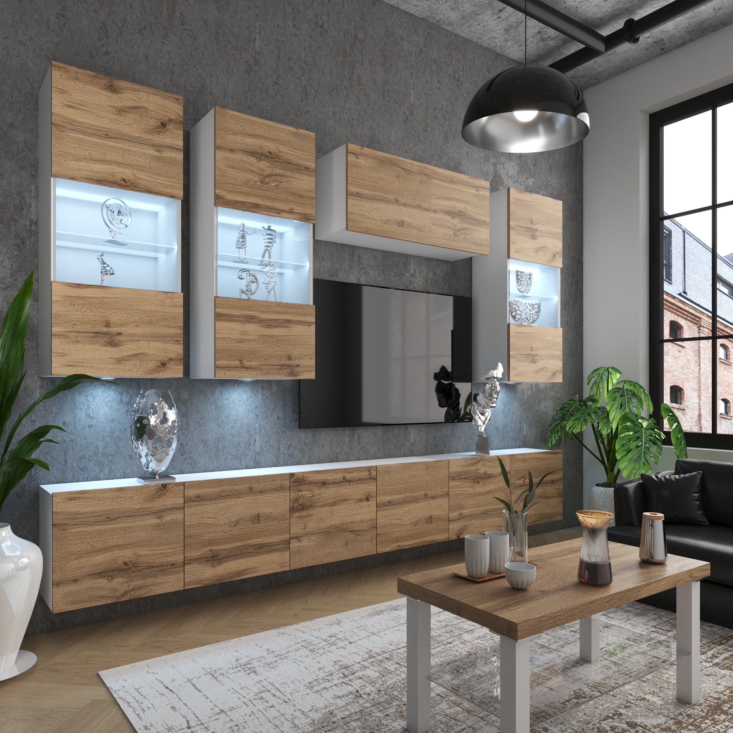 Wohnzimmer mit Holzmöbel und urbanem Stil