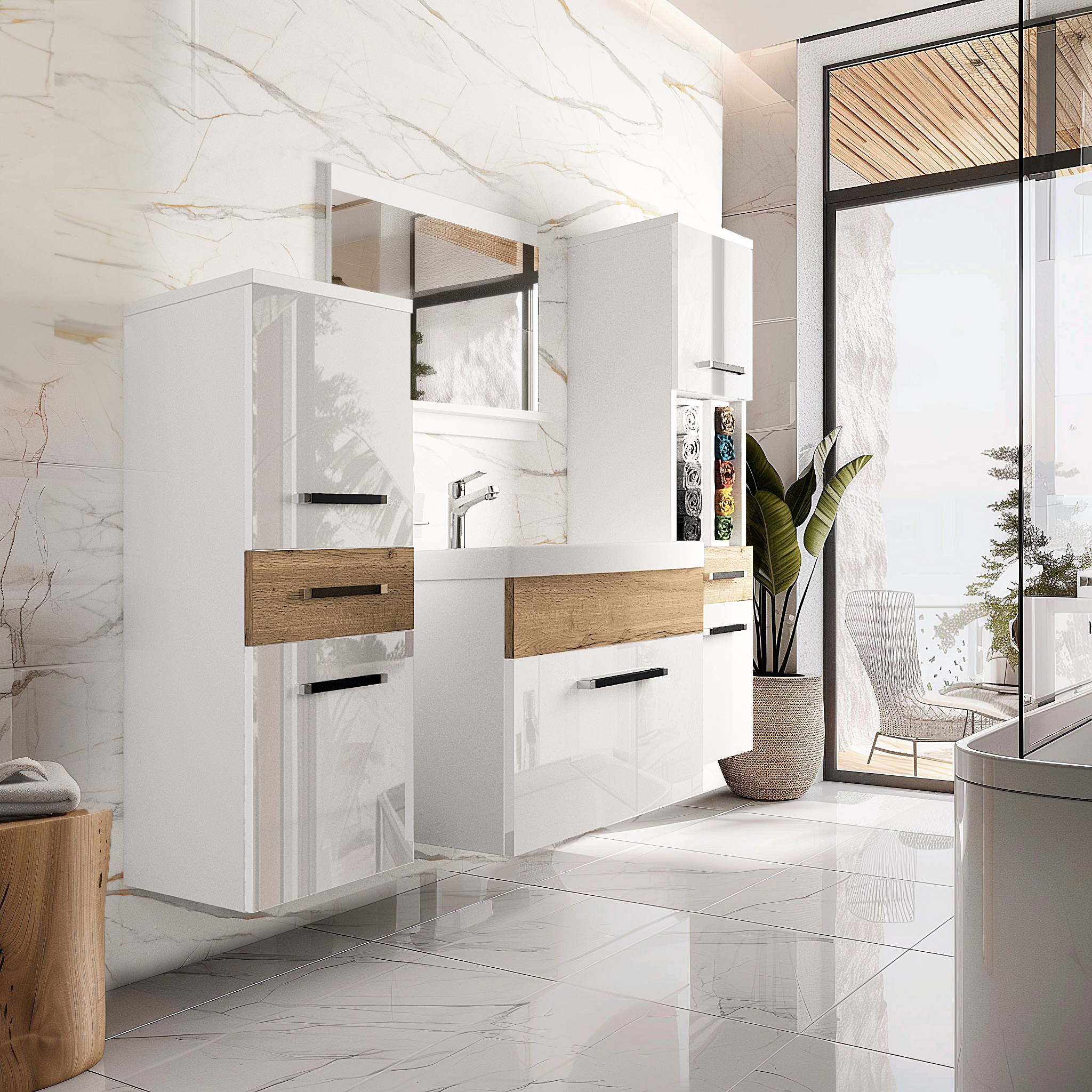 Modernes Badezimmer mit Holz- und Weißakzenten