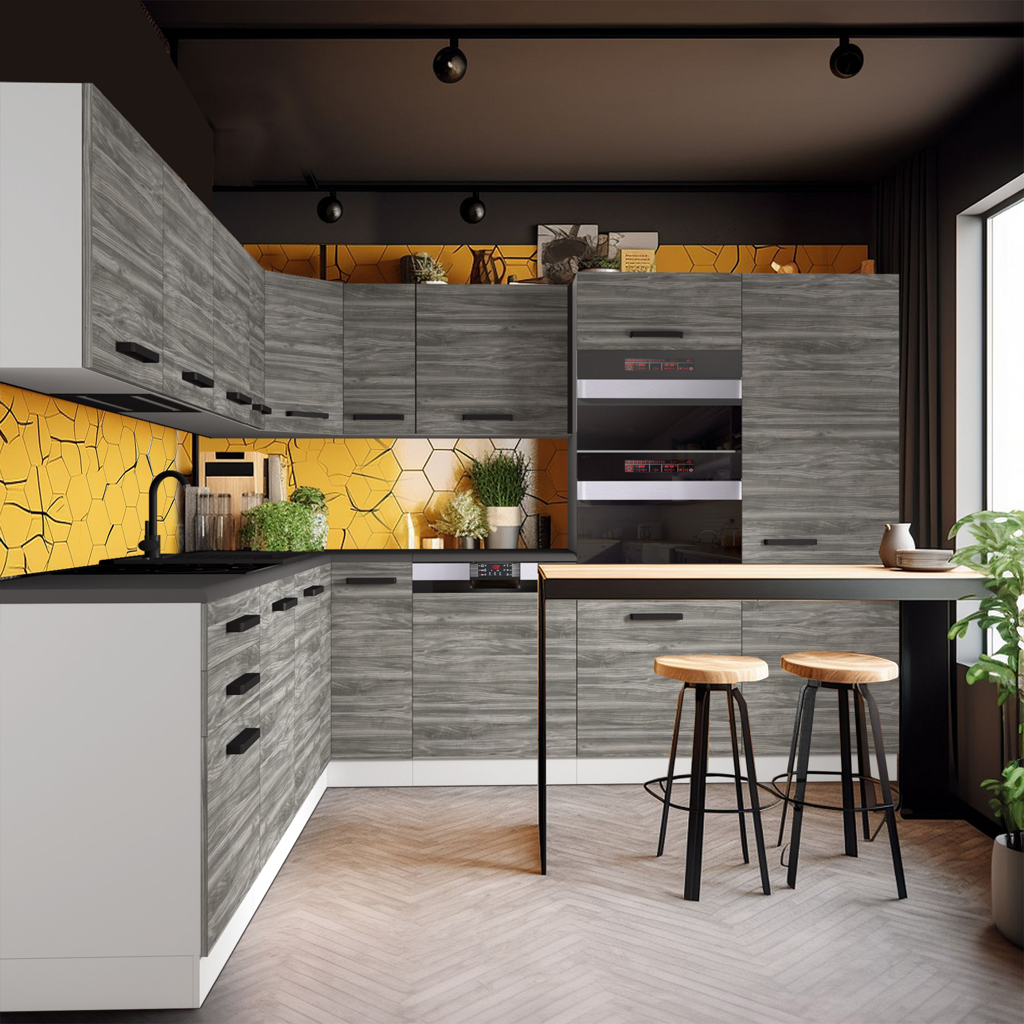 Graue Küchenschränke mit gelbem Hintergrund und Bar