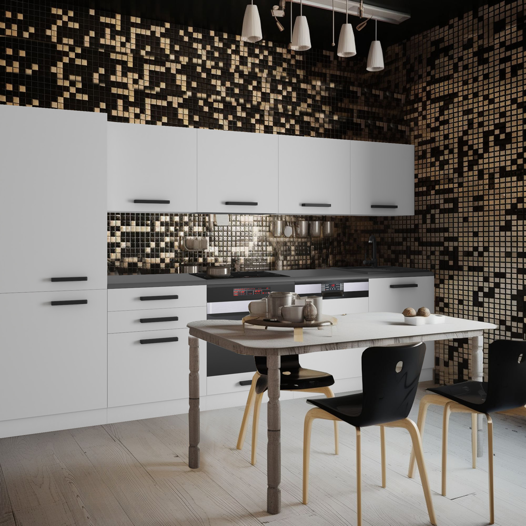 Küche mit Mosaikfliesen und weißen Schränken