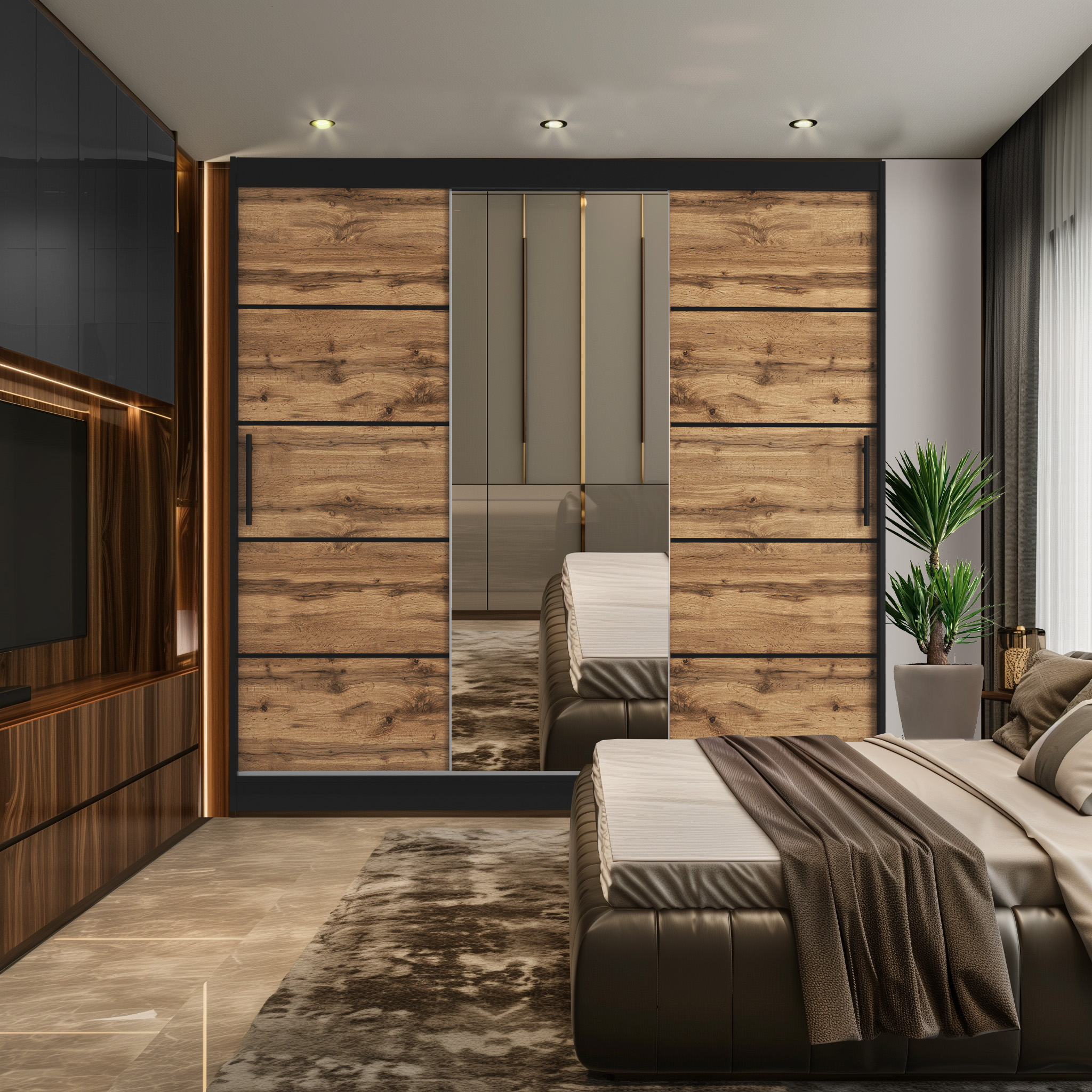 Schlafzimmer mit Holzakzenten und Spiegel