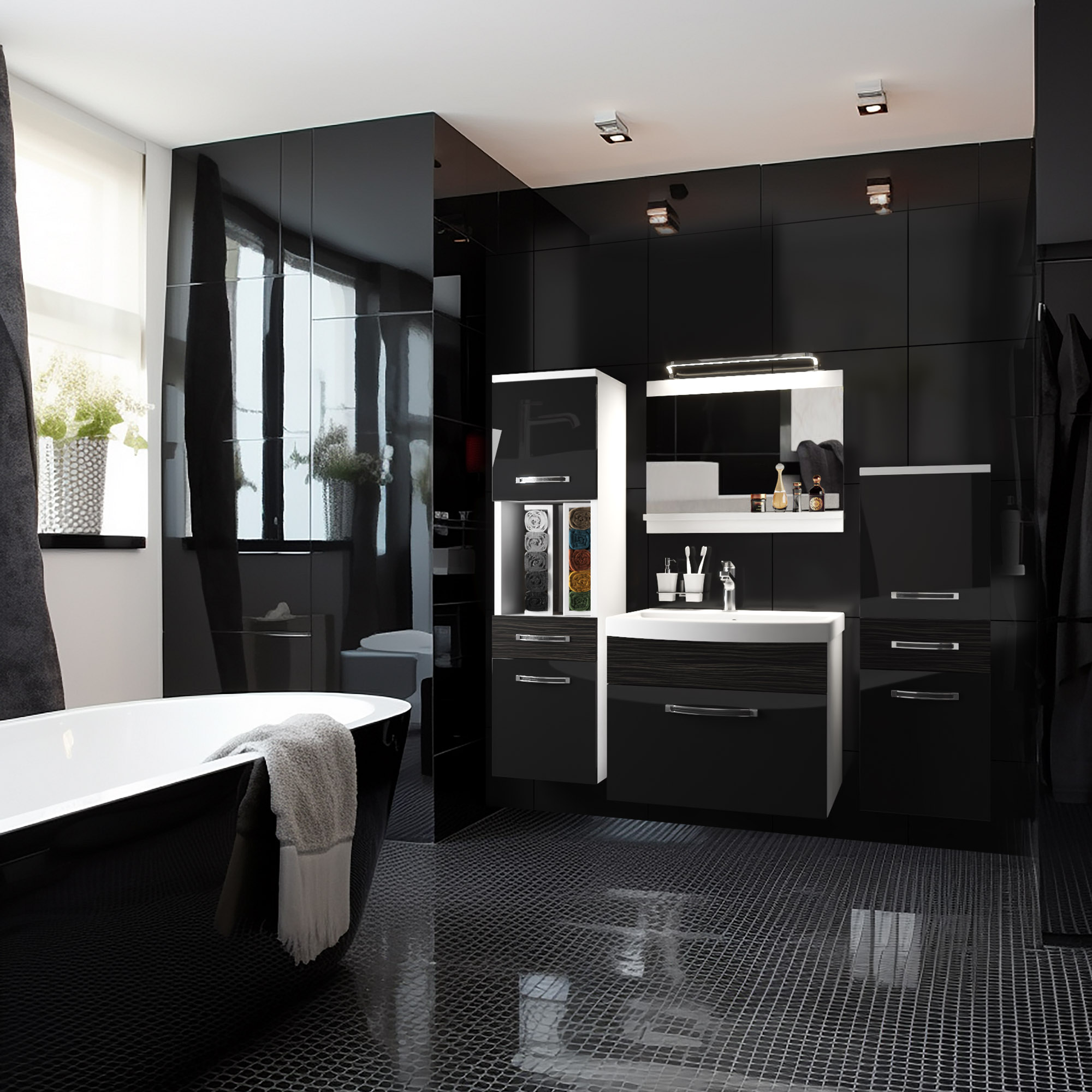 Elegantes Badezimmer mit schwarzen Elementen