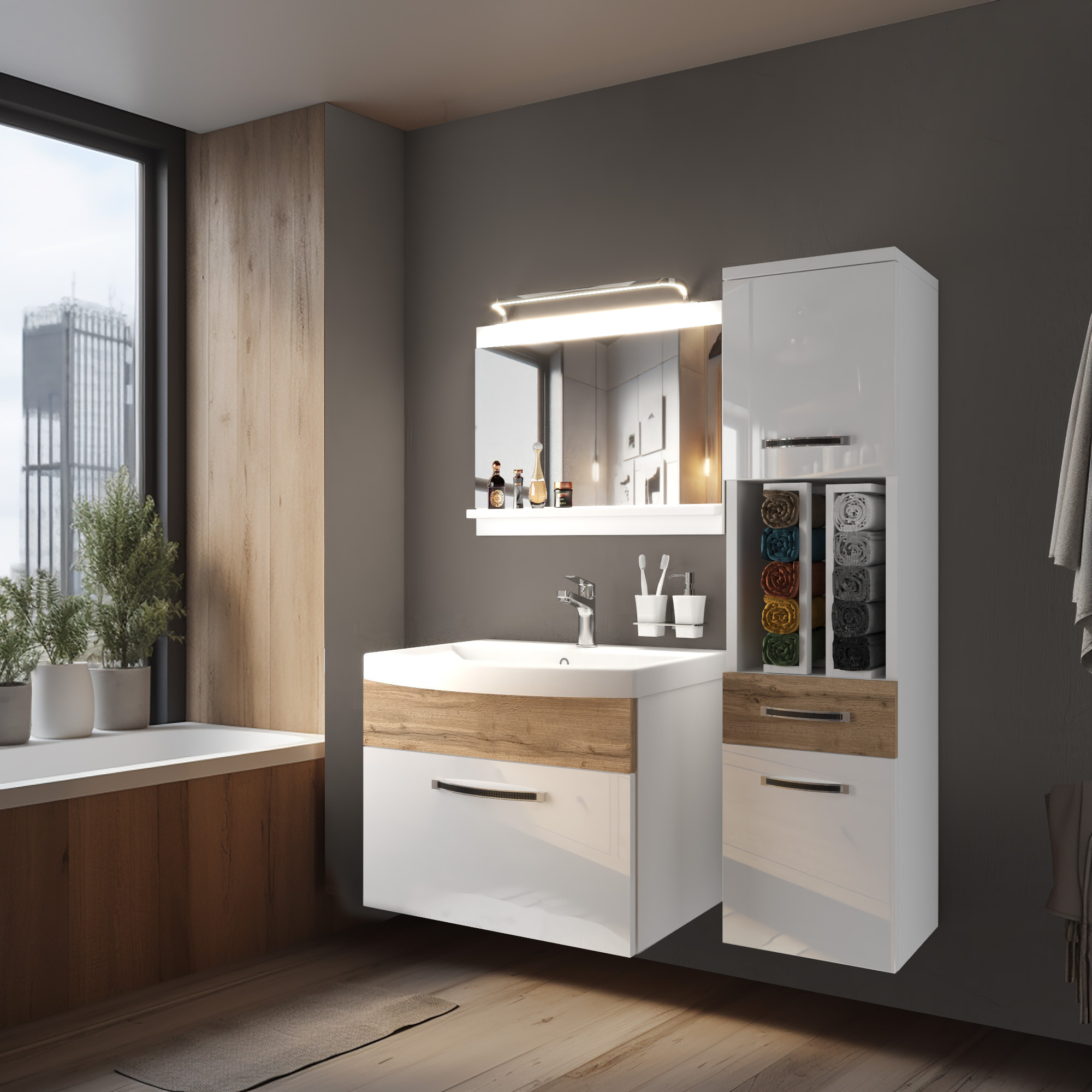 Badezimmer mit Holzdetails und Spiegel