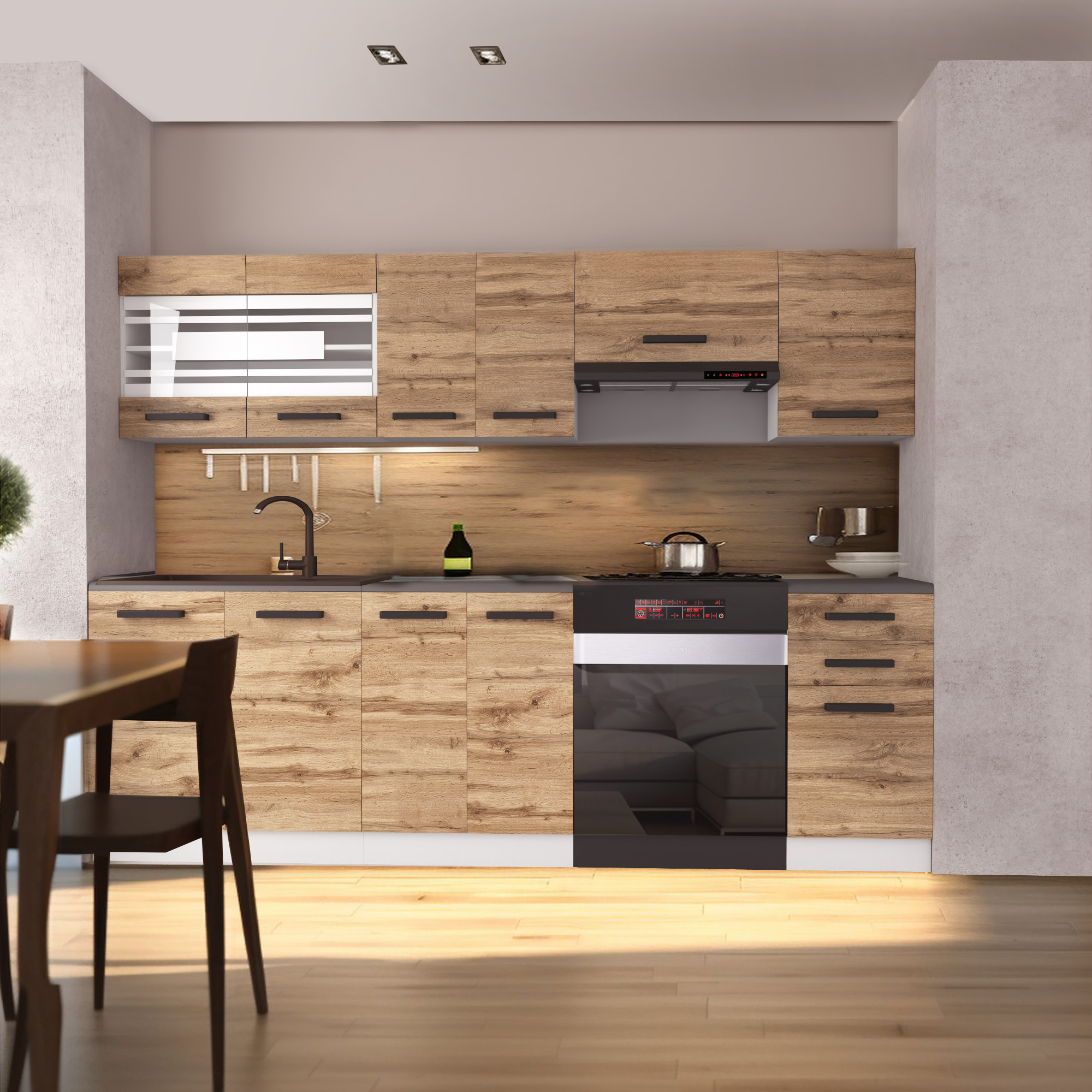 Küchenansicht mit Holzfronten und moderner Ausstattung