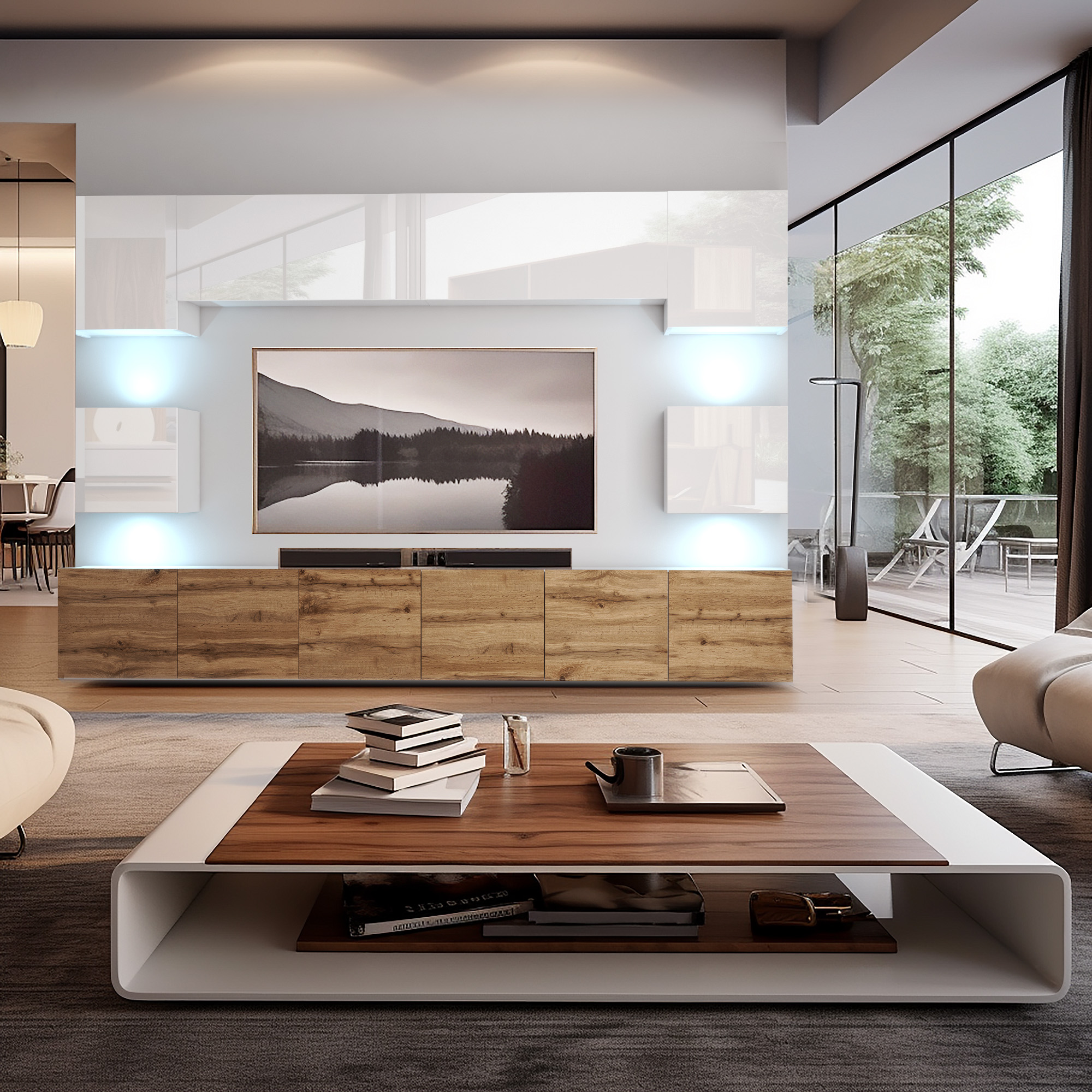 Wohnzimmer mit Holzdetails und großen Fenstern