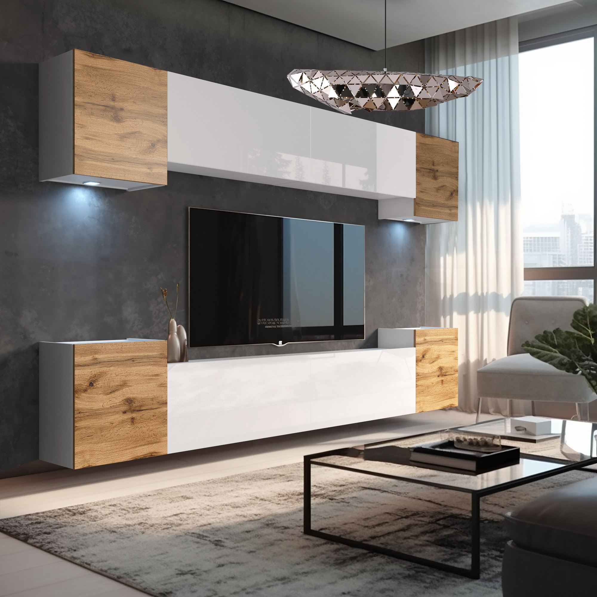 Elegantes Wohnzimmer mit Holzelementen und TV-Wand