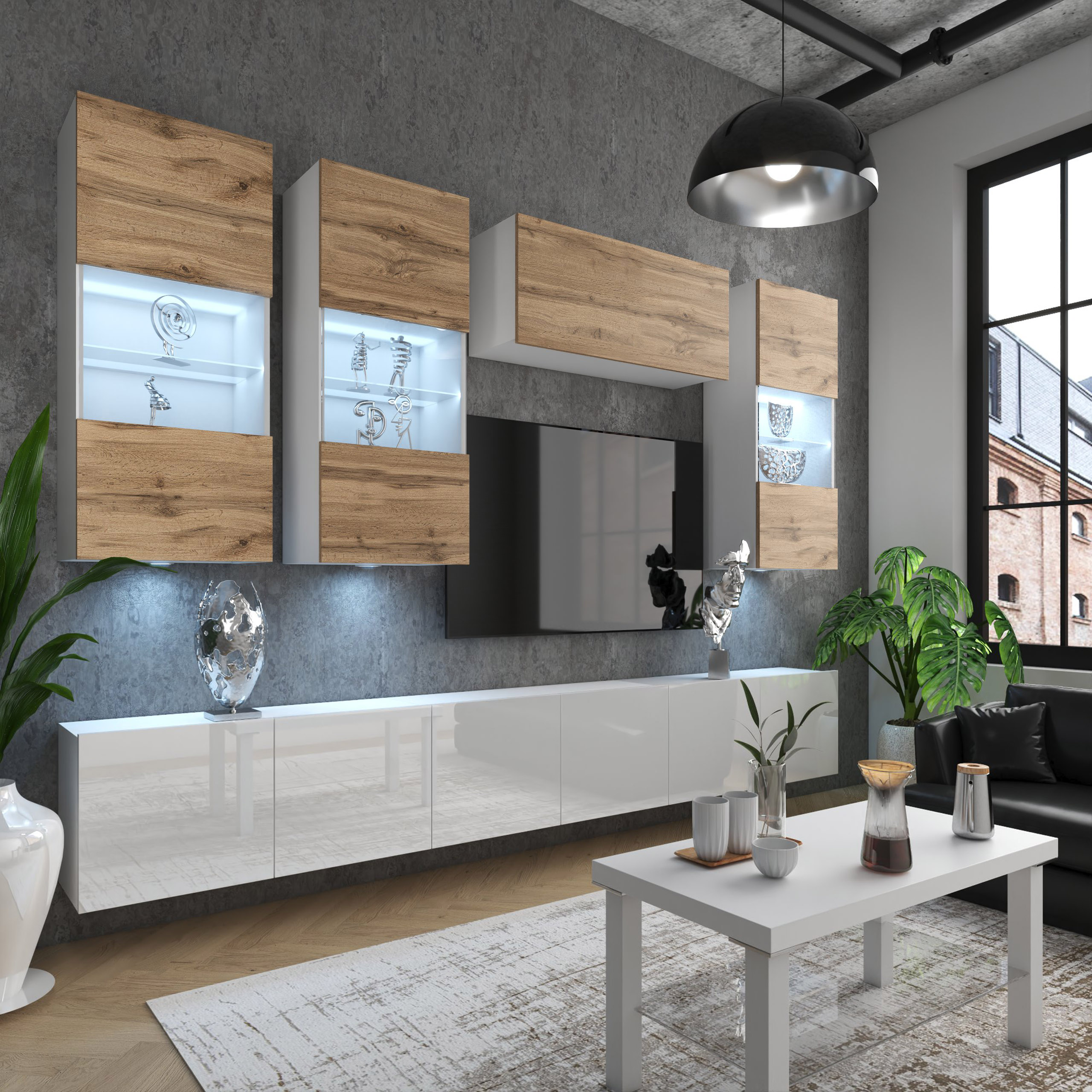 Moderne TV-Wand mit Holzelementen im Wohnzimmer