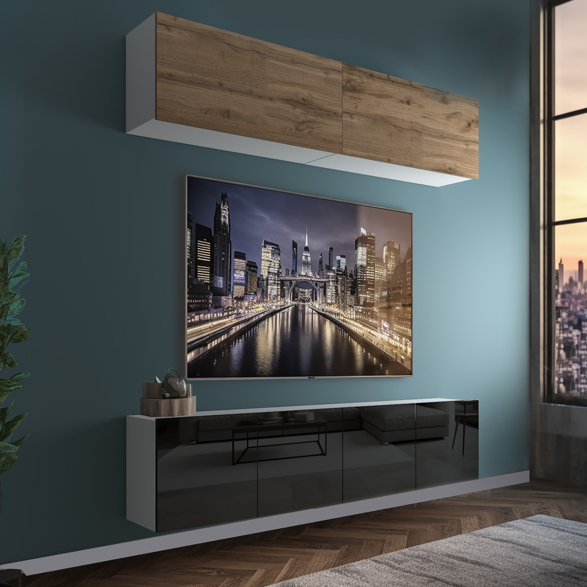 Wohnzimmer mit New York Skyline an der Wand