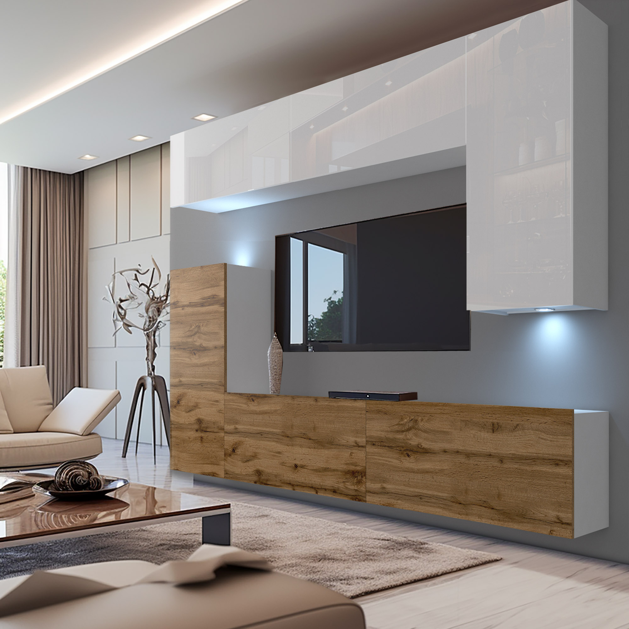 Wohnzimmer mit Holzmöbeln und entspannender Atmosphäre