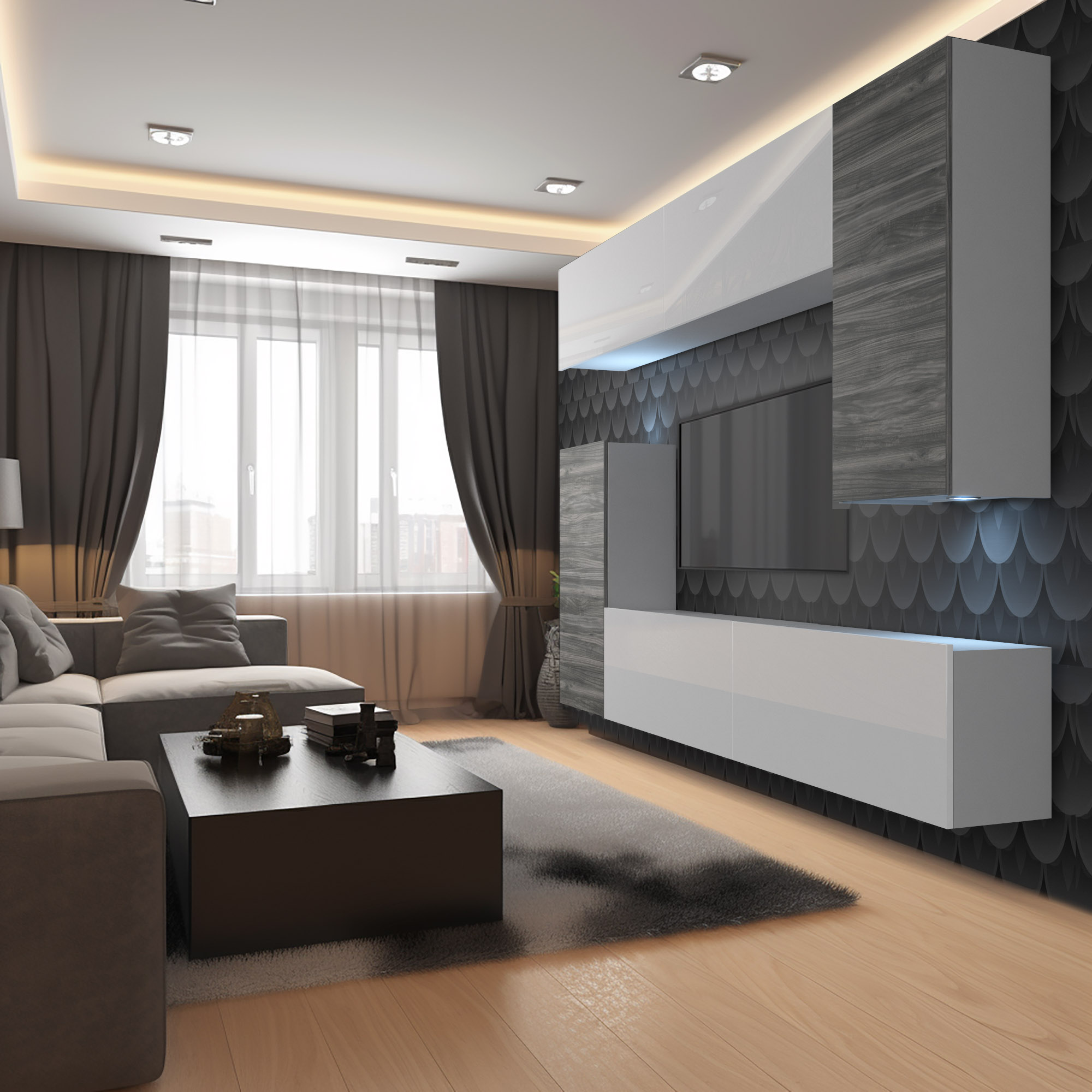 Gemütliches Wohnzimmer mit Medienwand und Sofa
