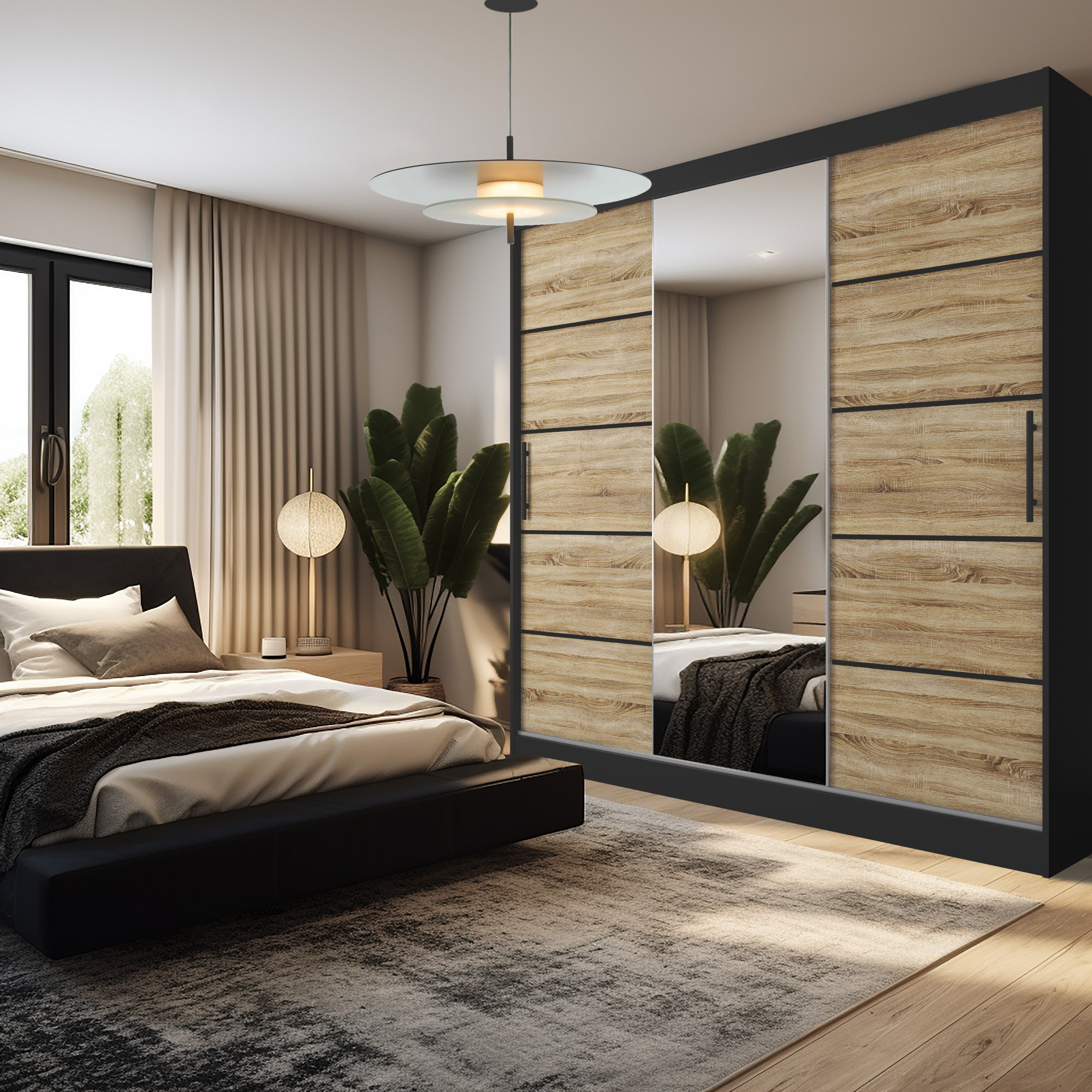 Schlafzimmer mit Kleiderschrank und Spiegel