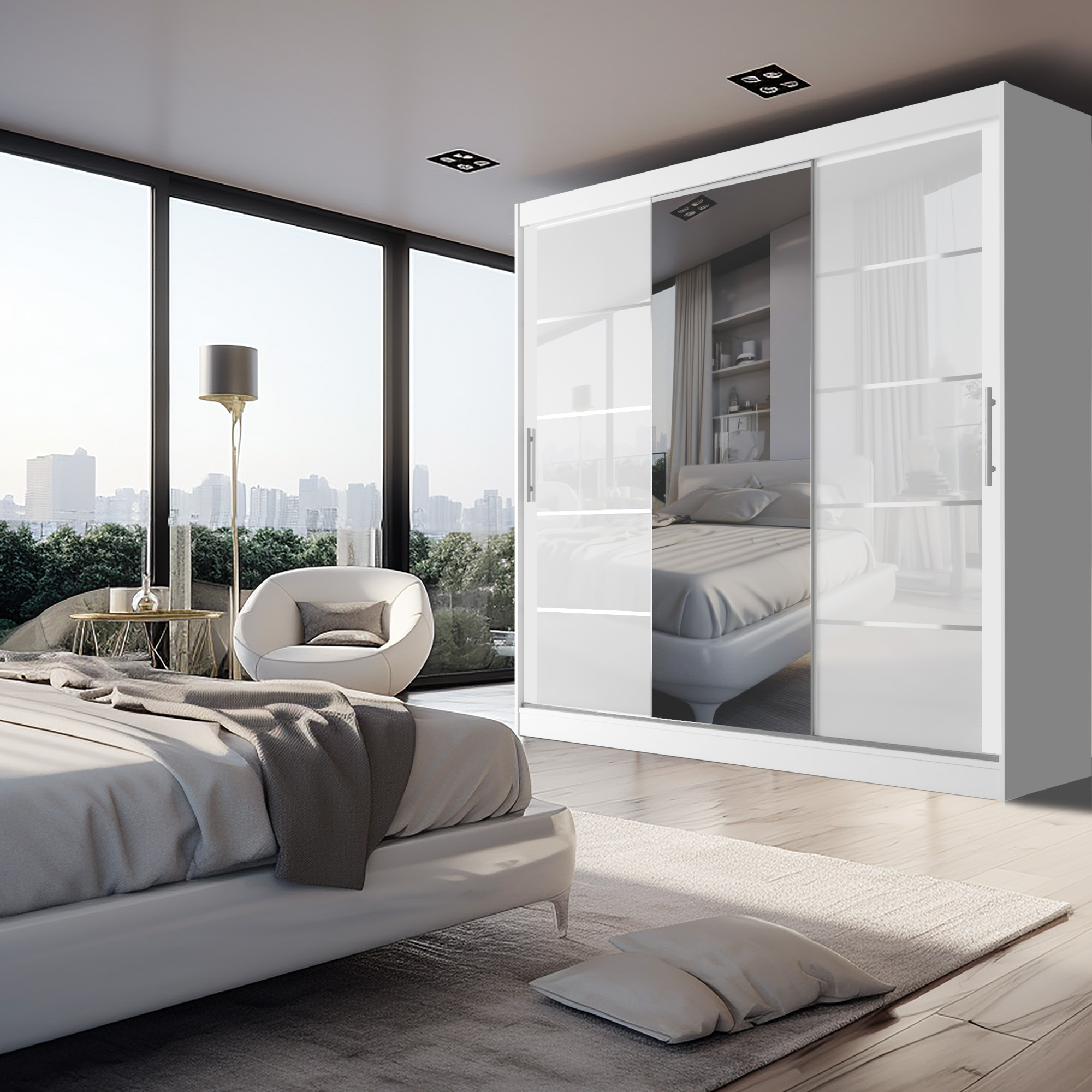 Modernes Schlafzimmer mit großen Fenstern und stilvollen Möbeln