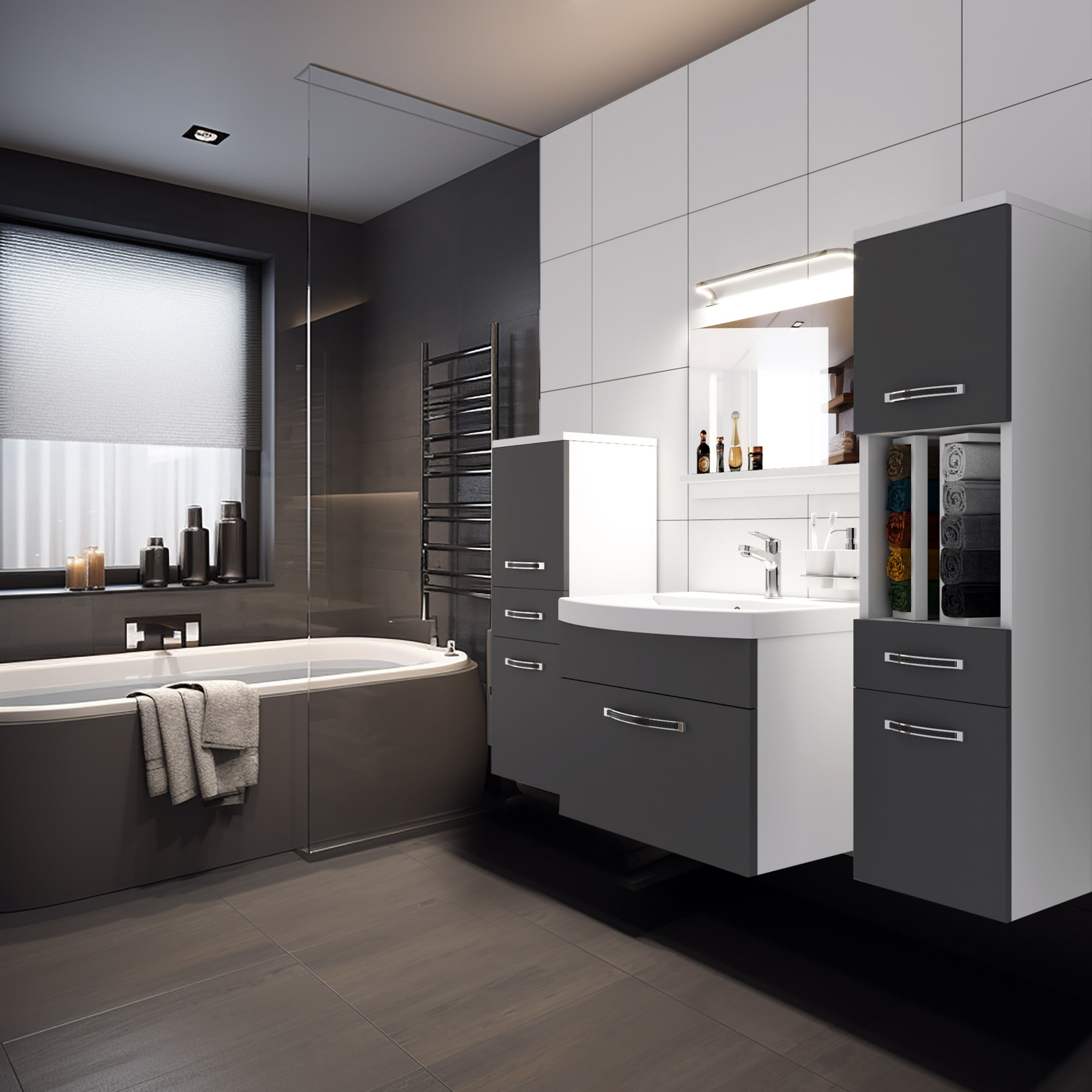 Dunkles, funktionales Badezimmer mit stilvollen Möbeln