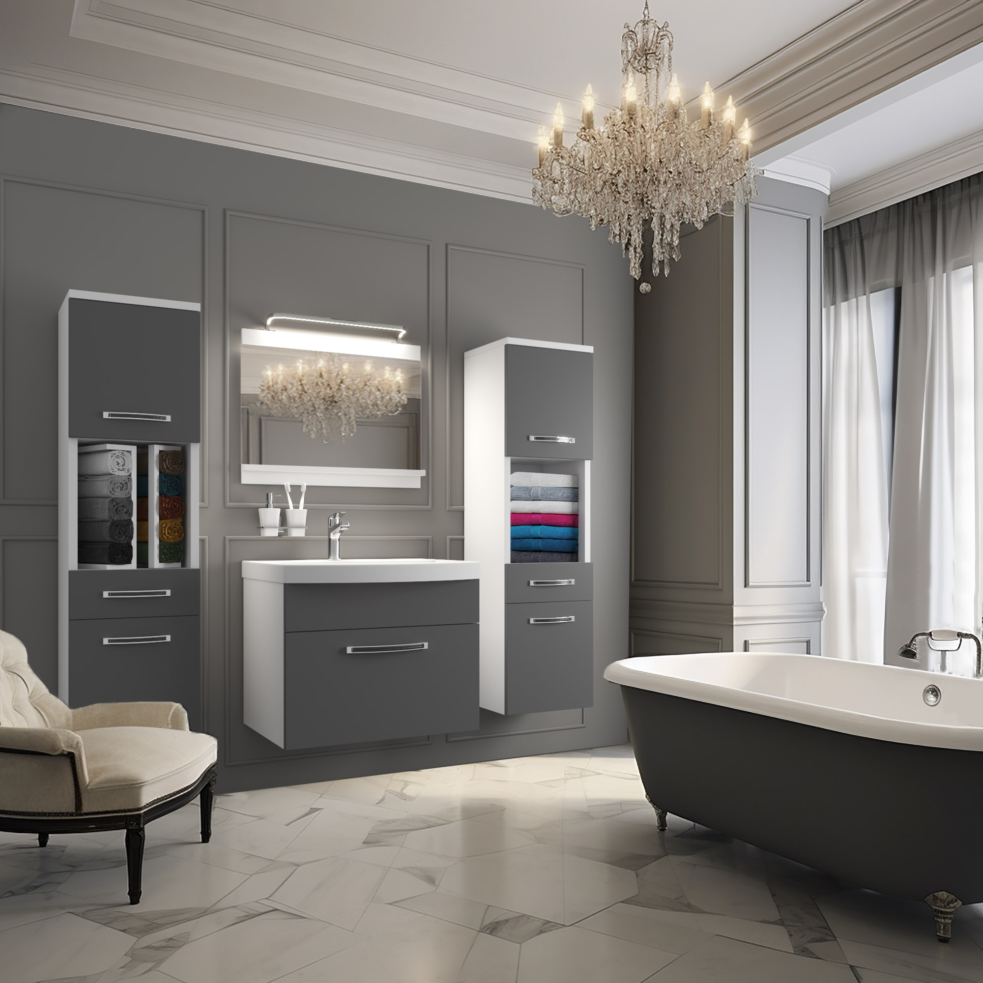 Harmonisches Badezimmer mit grauen Schränken und Badewanne