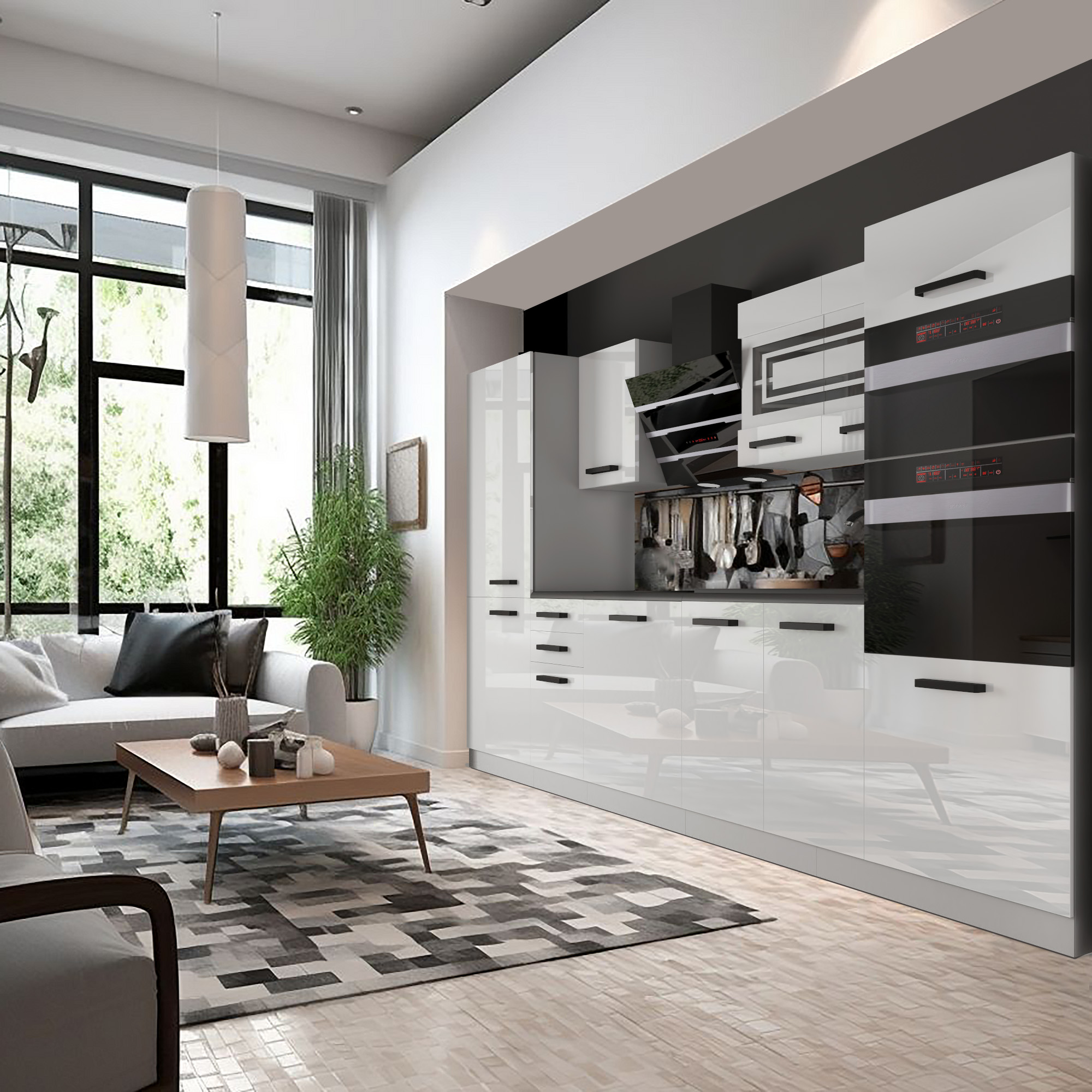 Moderne Küche mit monochromem Design und Tageslicht