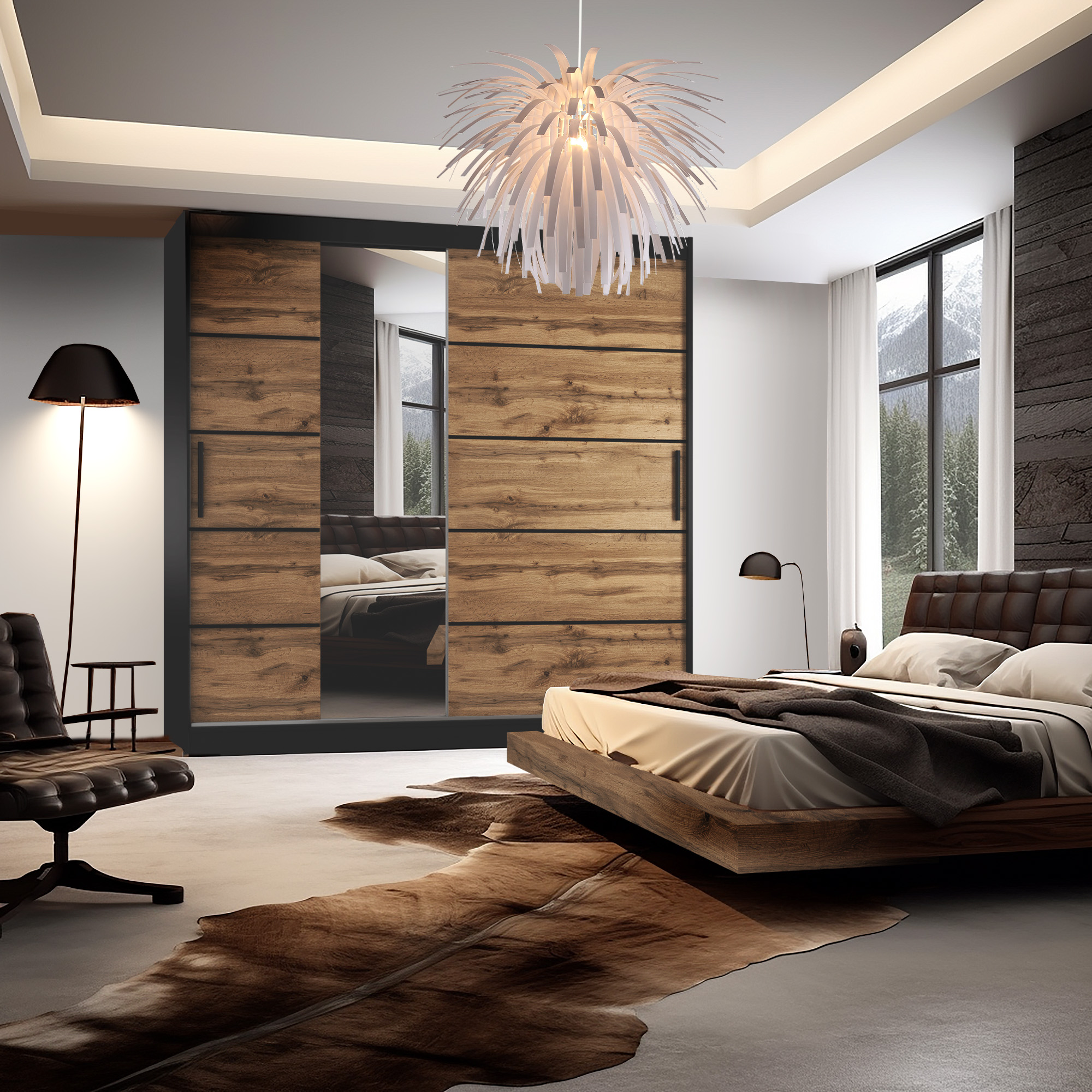 Schlafzimmer mit Holzdetails und stilvoller Beleuchtung