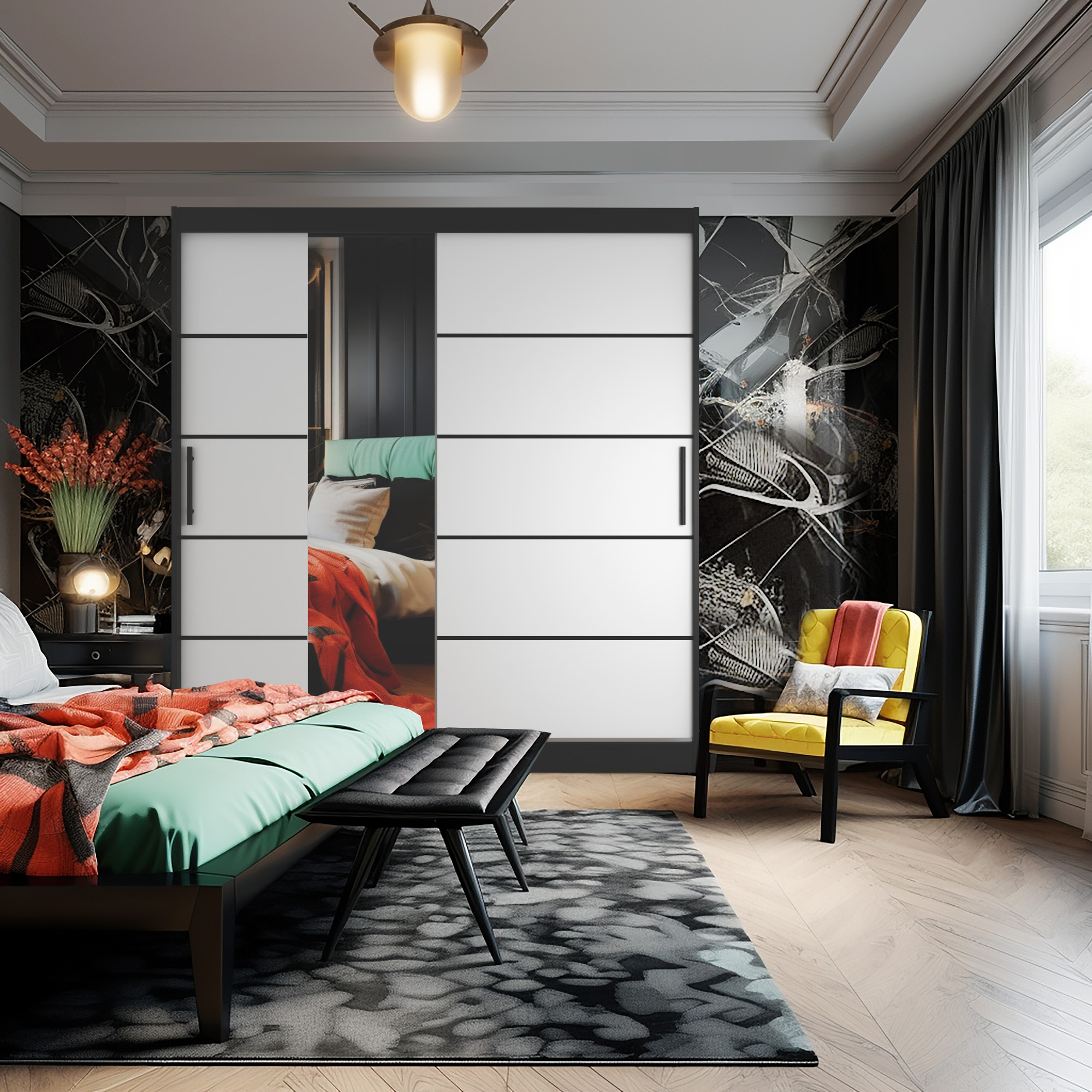Schlafzimmer mit grafischer Tapete und weißem Kleiderschrank