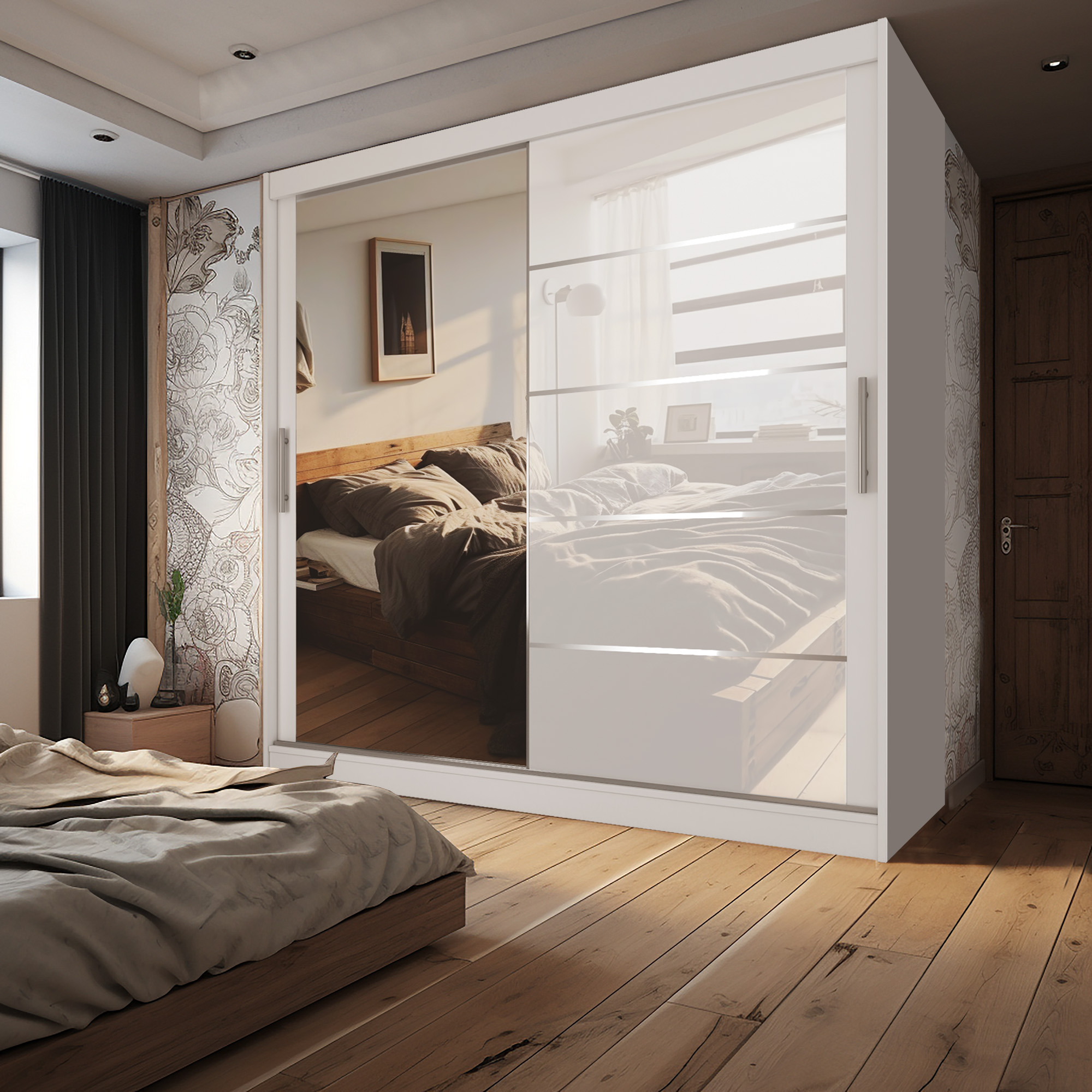 Schlafzimmer mit Holzfußboden und Kleiderschrank