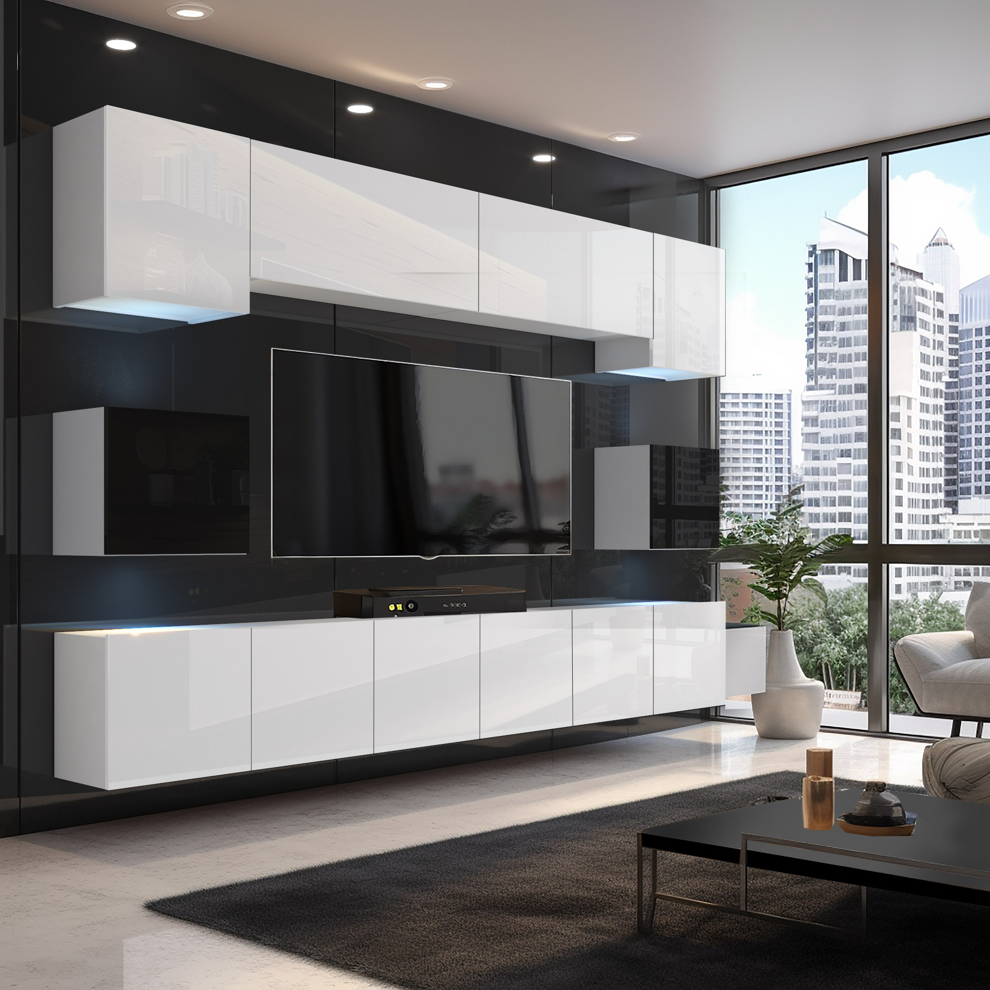 Modernes Wohnzimmer mit Stadtblick und eleganten Möbeln