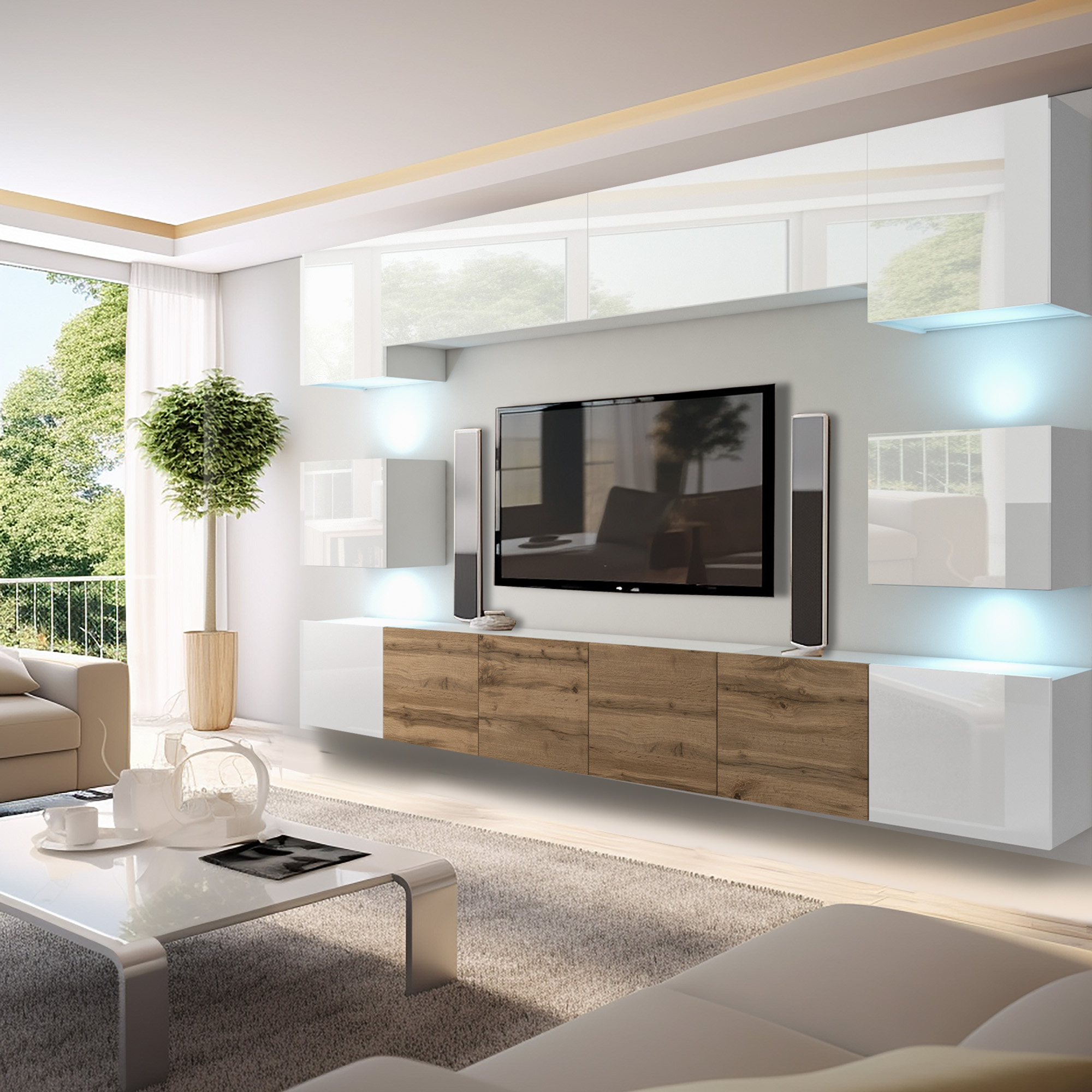 TV-Wand im Wohnzimmer mit Holz- und Weißakzenten