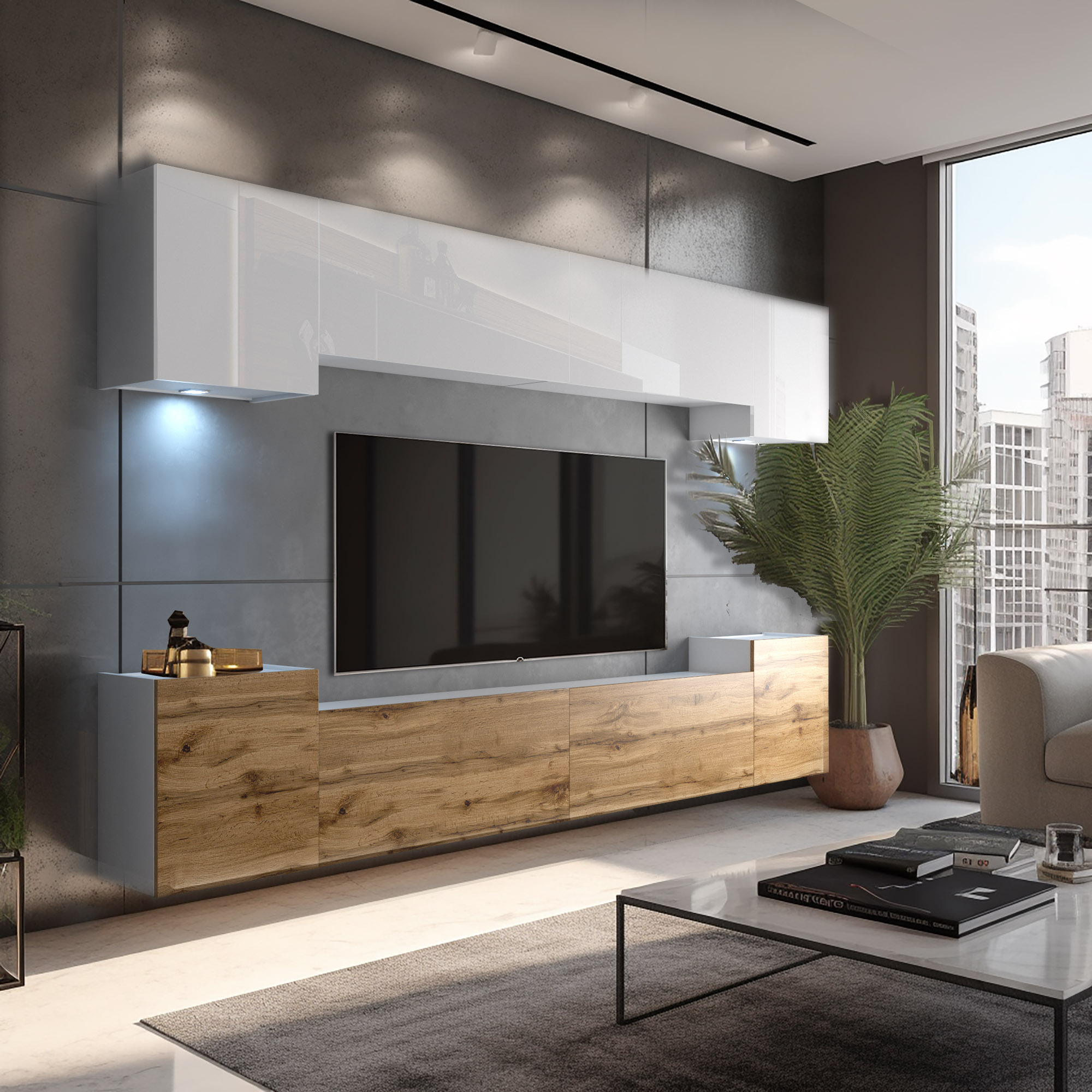 Moderner Wohnbereich mit TV-Wand und Holzdetails