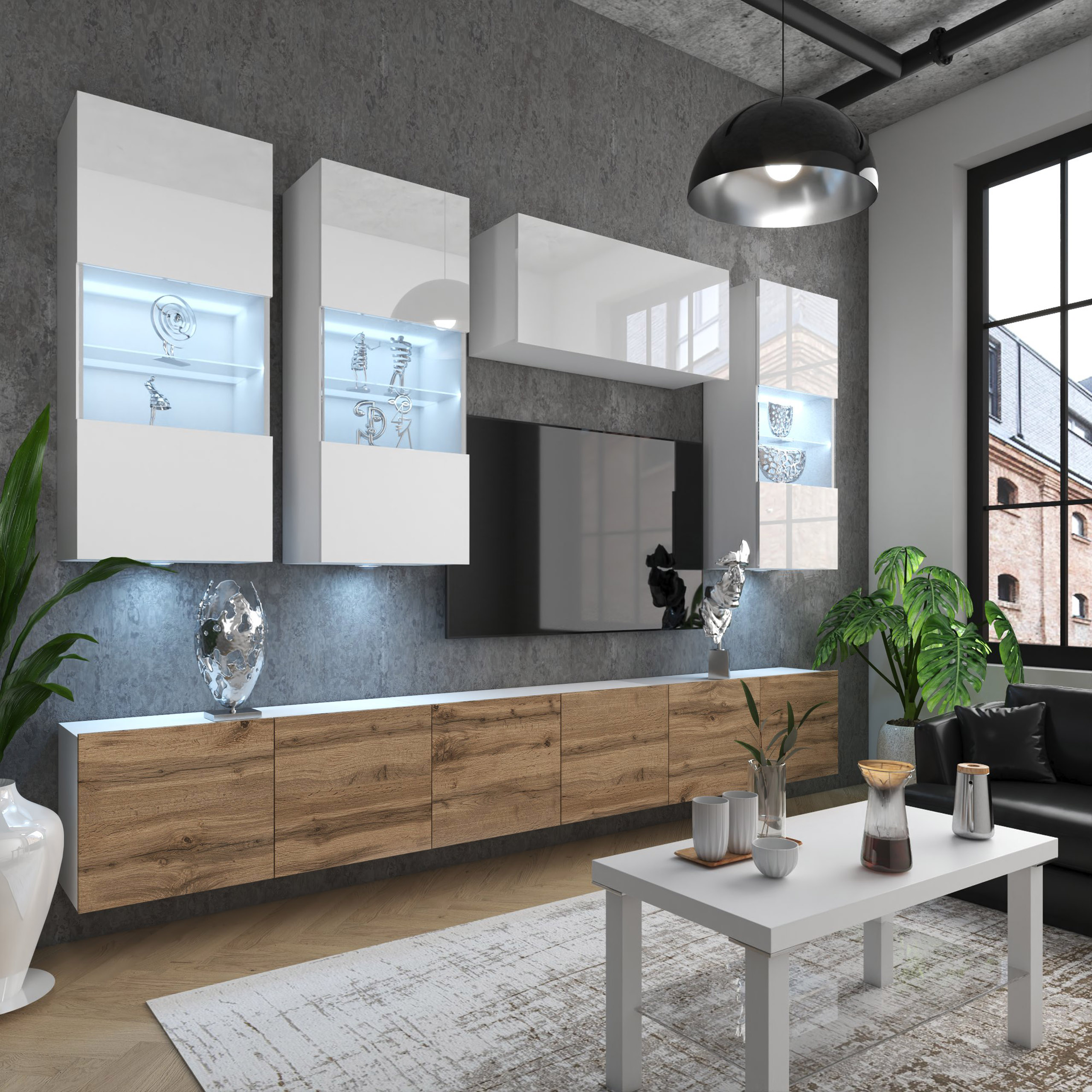 Wohnzimmer mit Holzfronten und Glasvitrinen