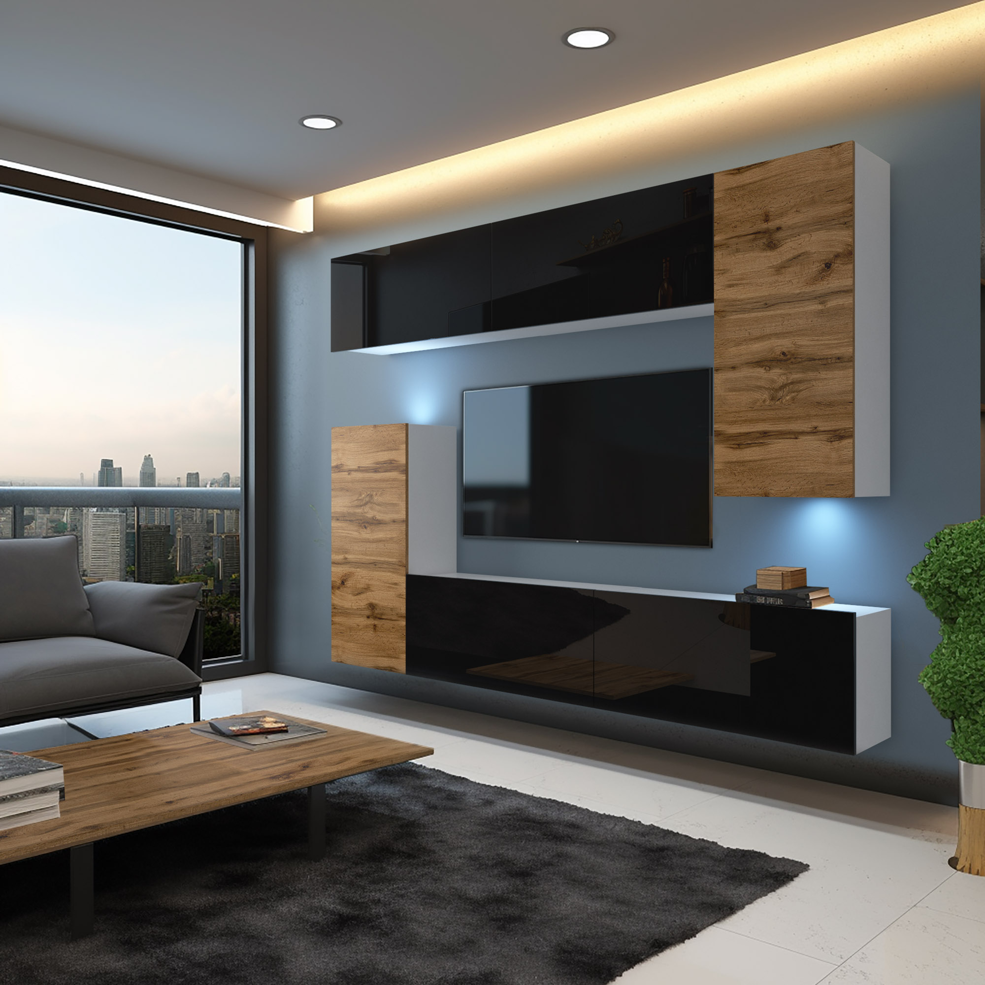 TV-Wand im Wohnzimmer mit Holz- und Lackdetails